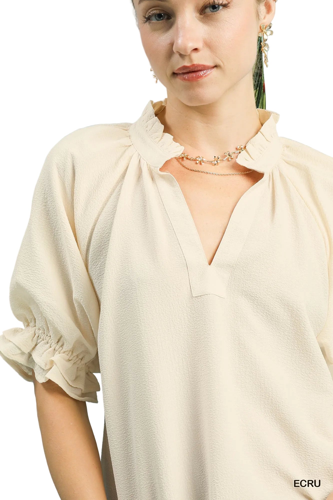 Sylvia Seersucker Ruffle Collar Puff Sleeve Top Ecru