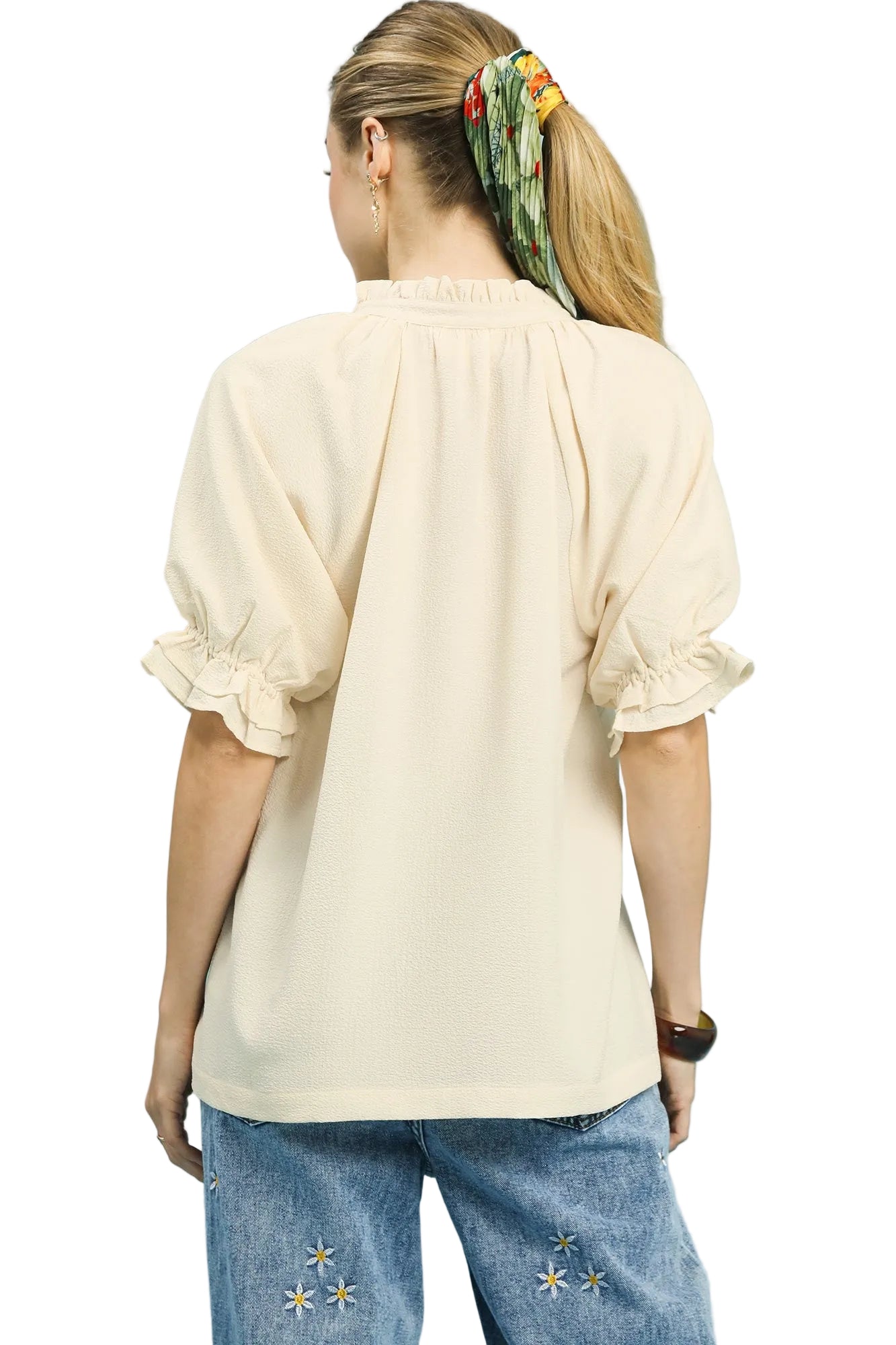 Sylvia Seersucker Ruffle Collar Puff Sleeve Top Ecru