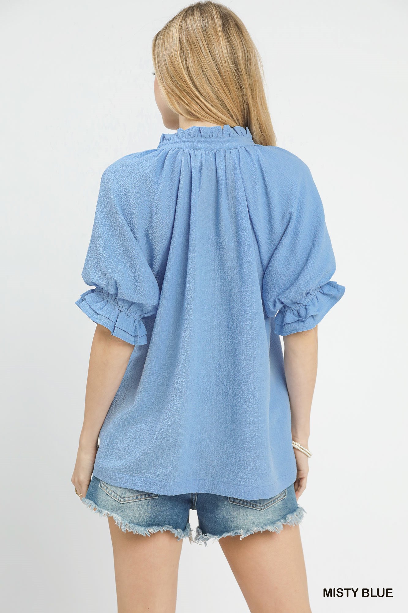 Sylvia Seersucker Ruffle Collar Puff Sleeve Top Misty Blue