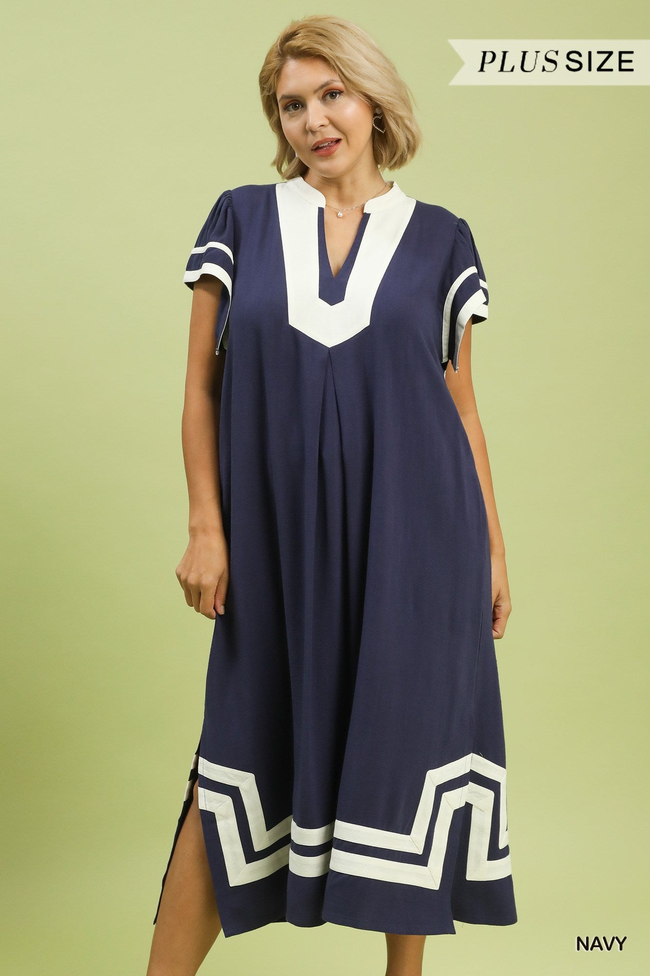 lindsey midi dress Lindsey Linen Cotton Contrast Neckline Midi Dress Navy – Boutique 54