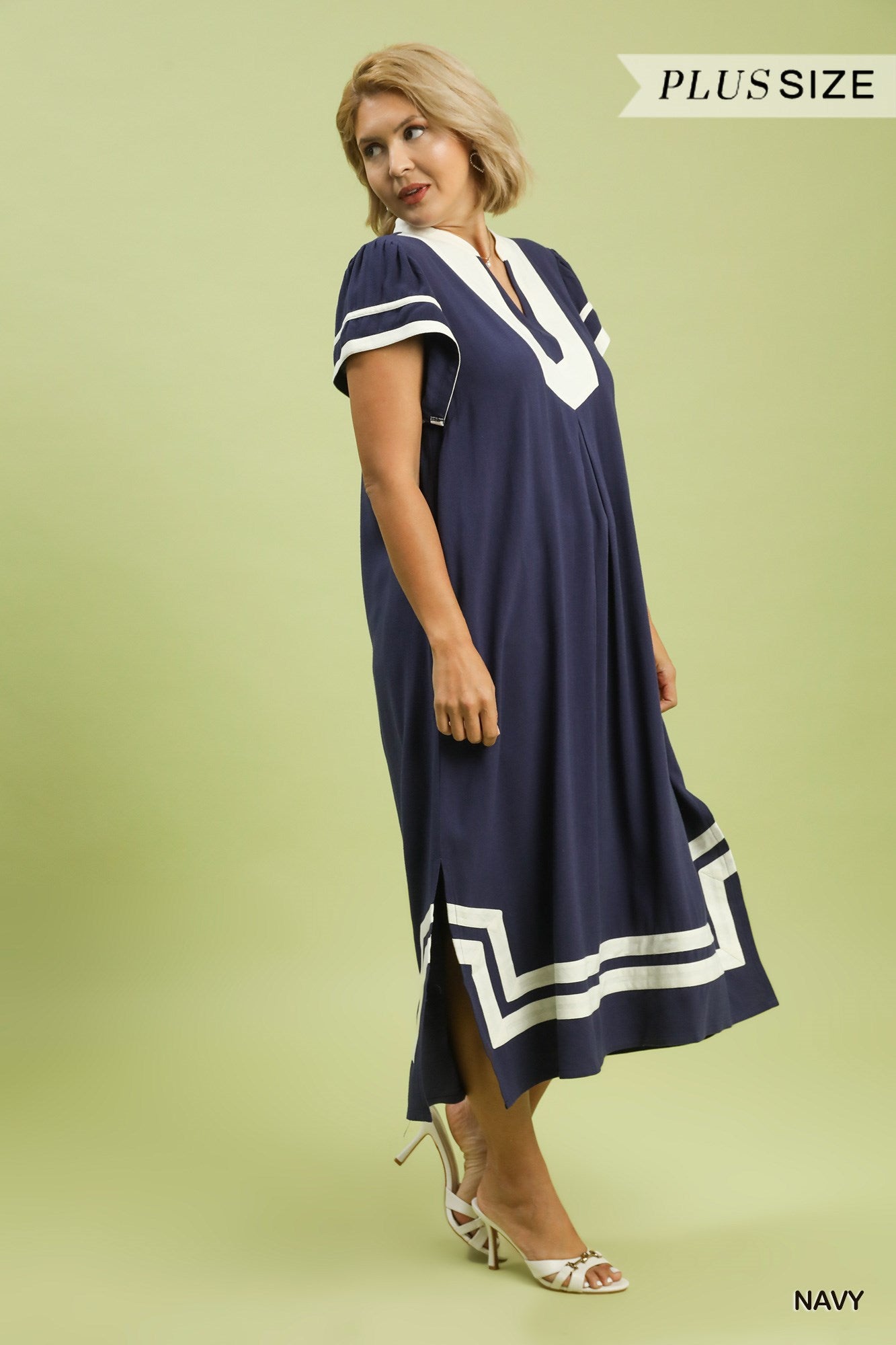 Lindsey Linen Cotton Contrast Neckline Midi Dress Navy