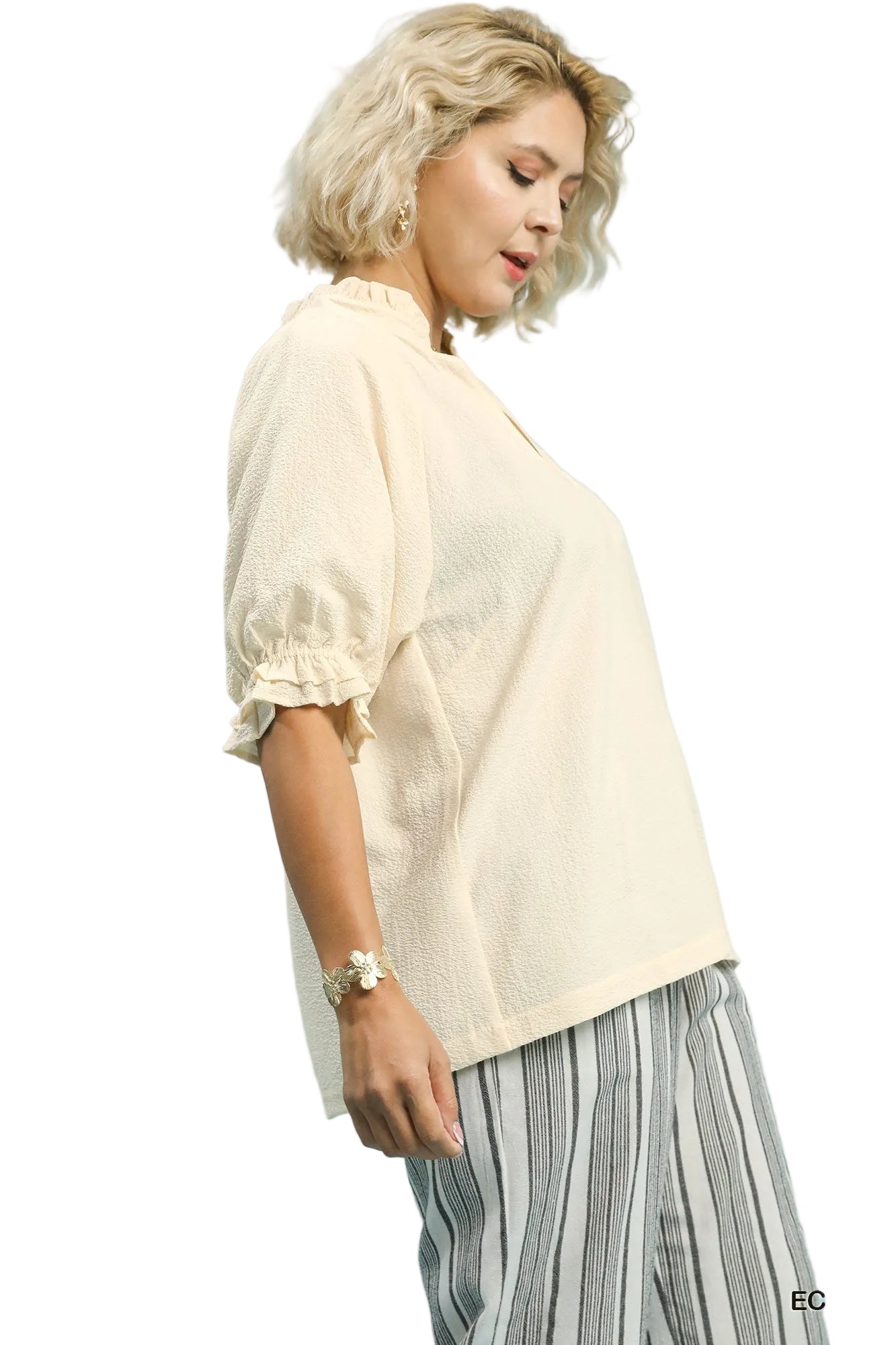 Sylvia Seersucker Ruffle Collar Puff Sleeve Top Ecru