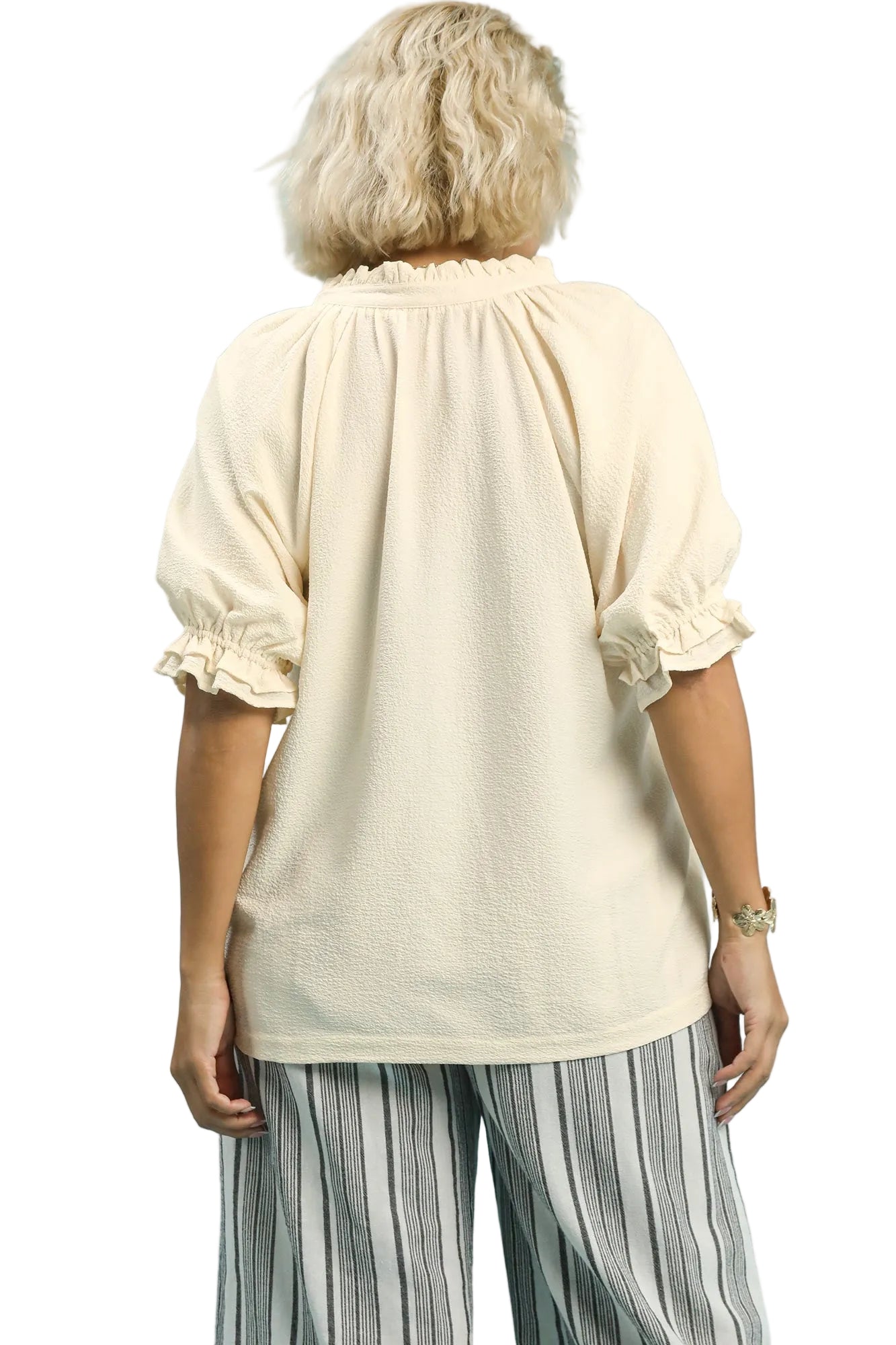 Sylvia Seersucker Ruffle Collar Puff Sleeve Top Ecru