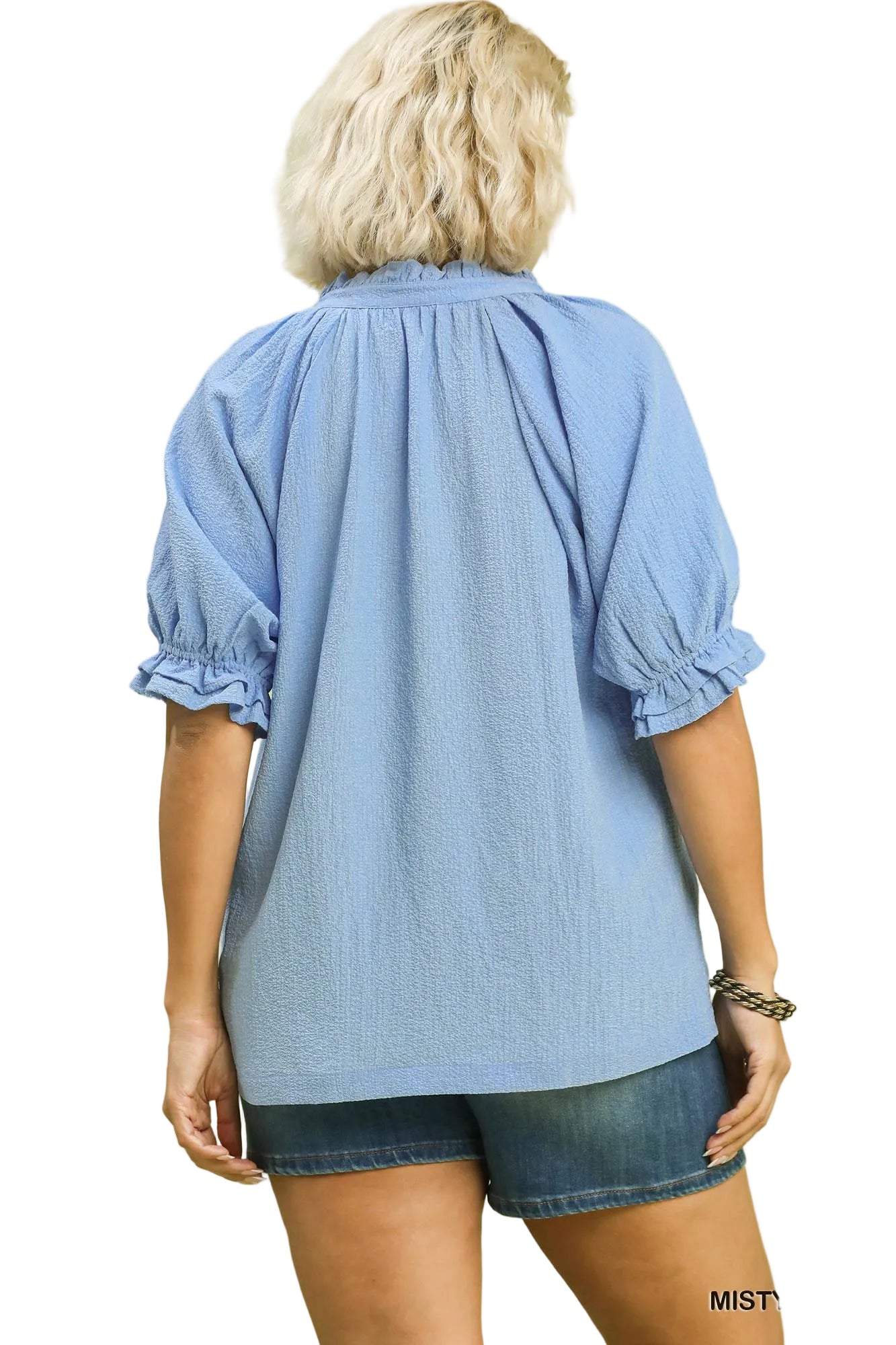 Sylvia Seersucker Ruffle Collar Puff Sleeve Top Misty Blue