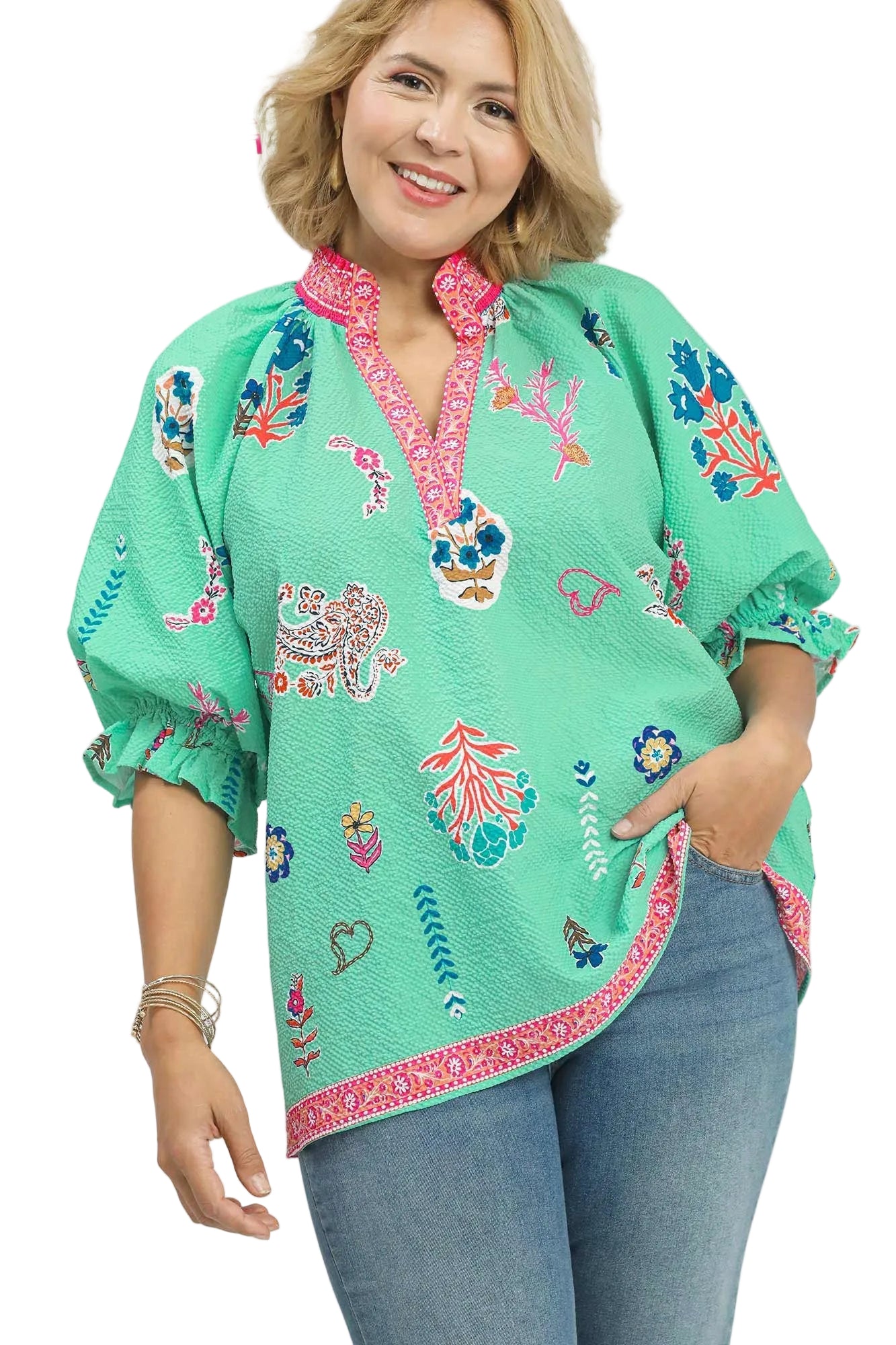 Farrah Floral Print V-Neck Smocked Collar Top Mint
