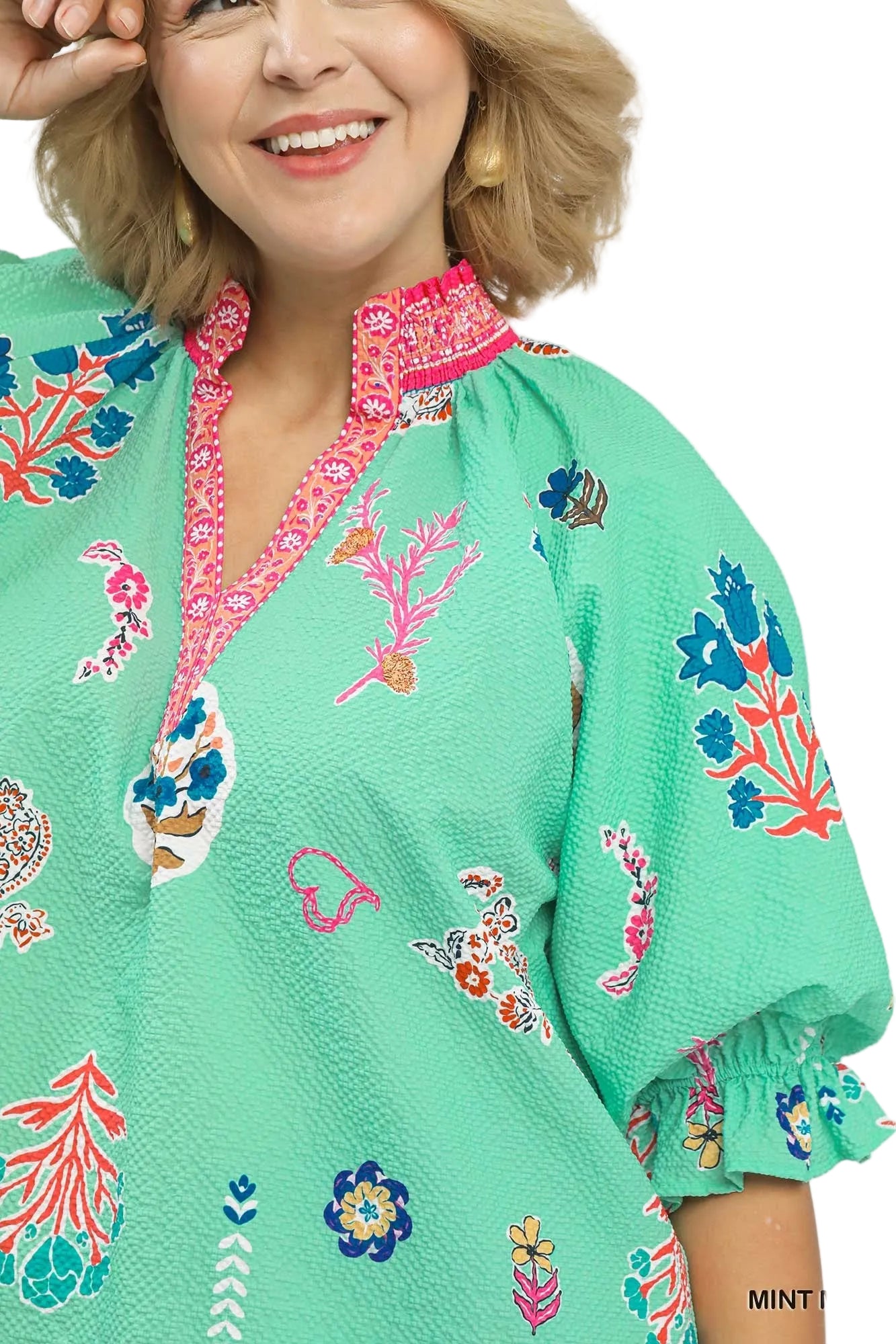 Farrah Floral Print V-Neck Smocked Collar Top Mint