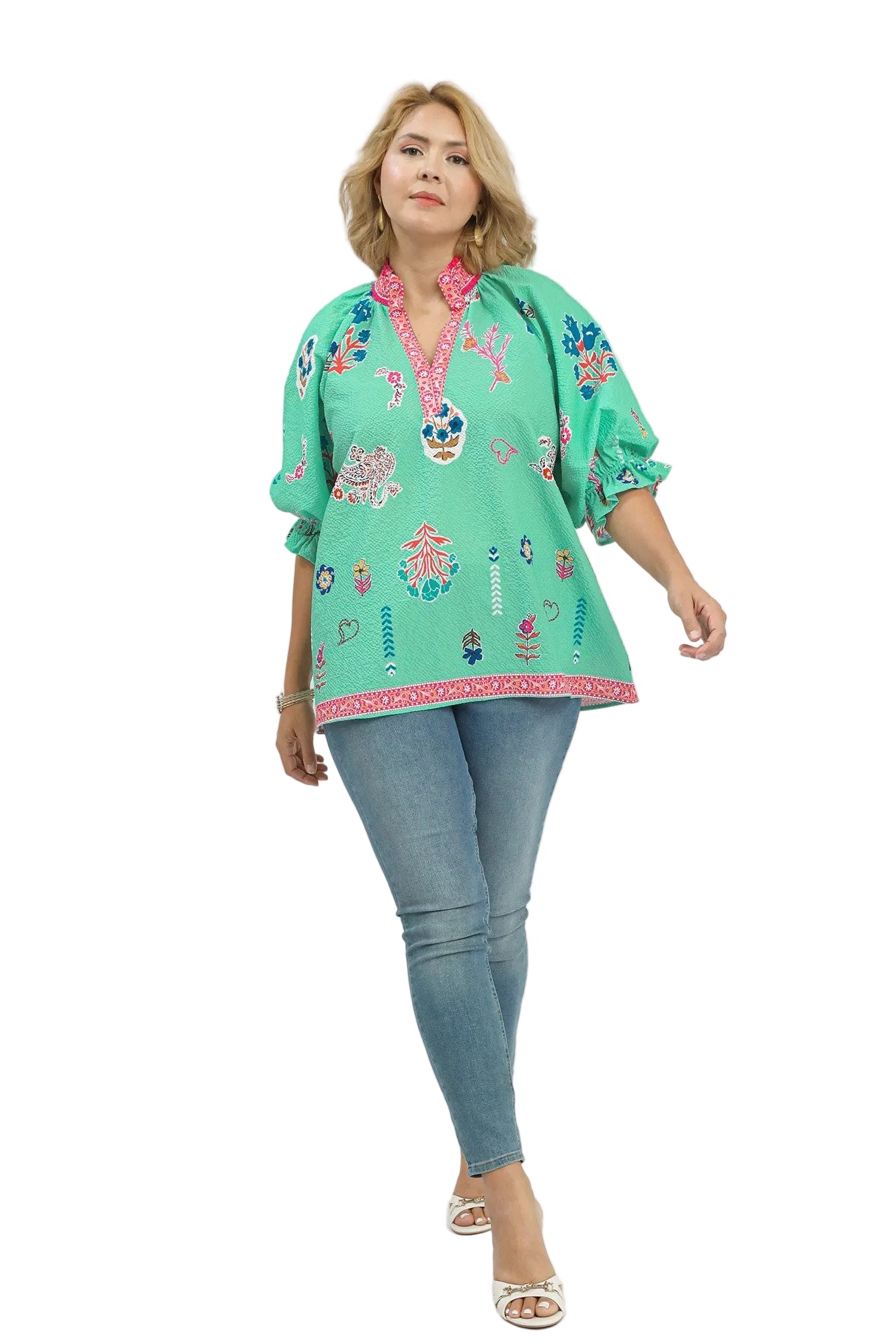 Farrah Floral Print V-Neck Smocked Collar Top Mint