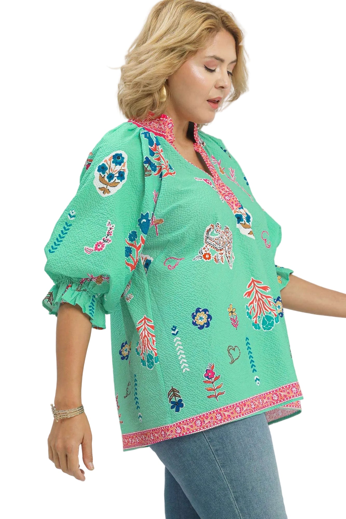 Farrah Floral Print V-Neck Smocked Collar Top Mint