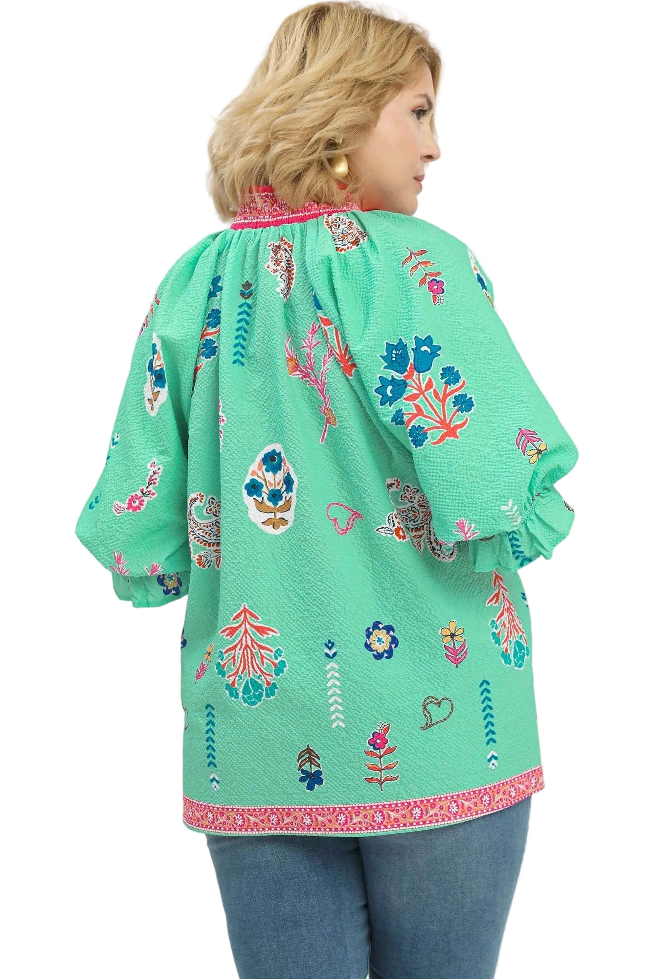 Farrah Floral Print V-Neck Smocked Collar Top Mint