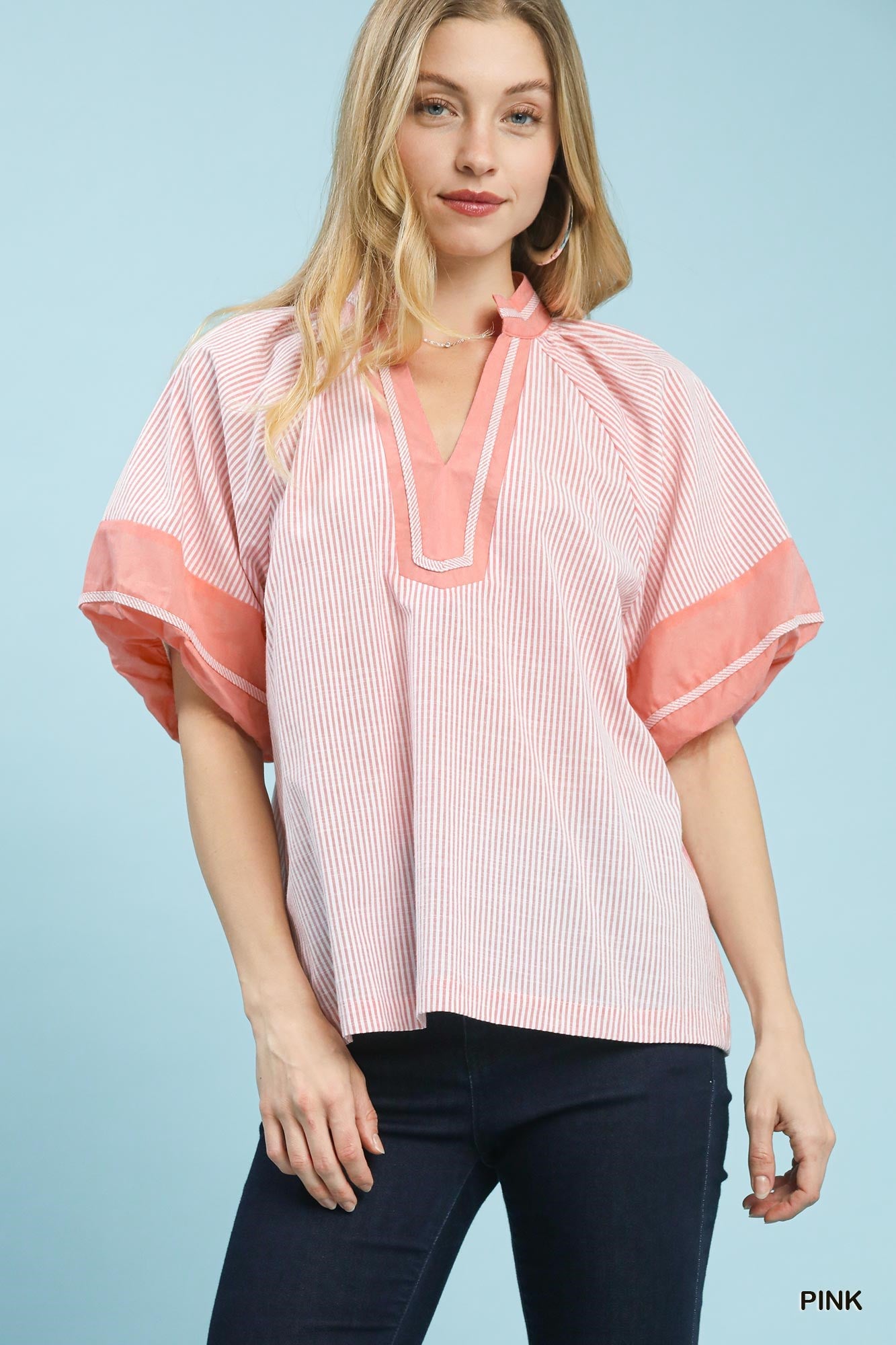 Selena Striped Mixed V Neck Top Pink