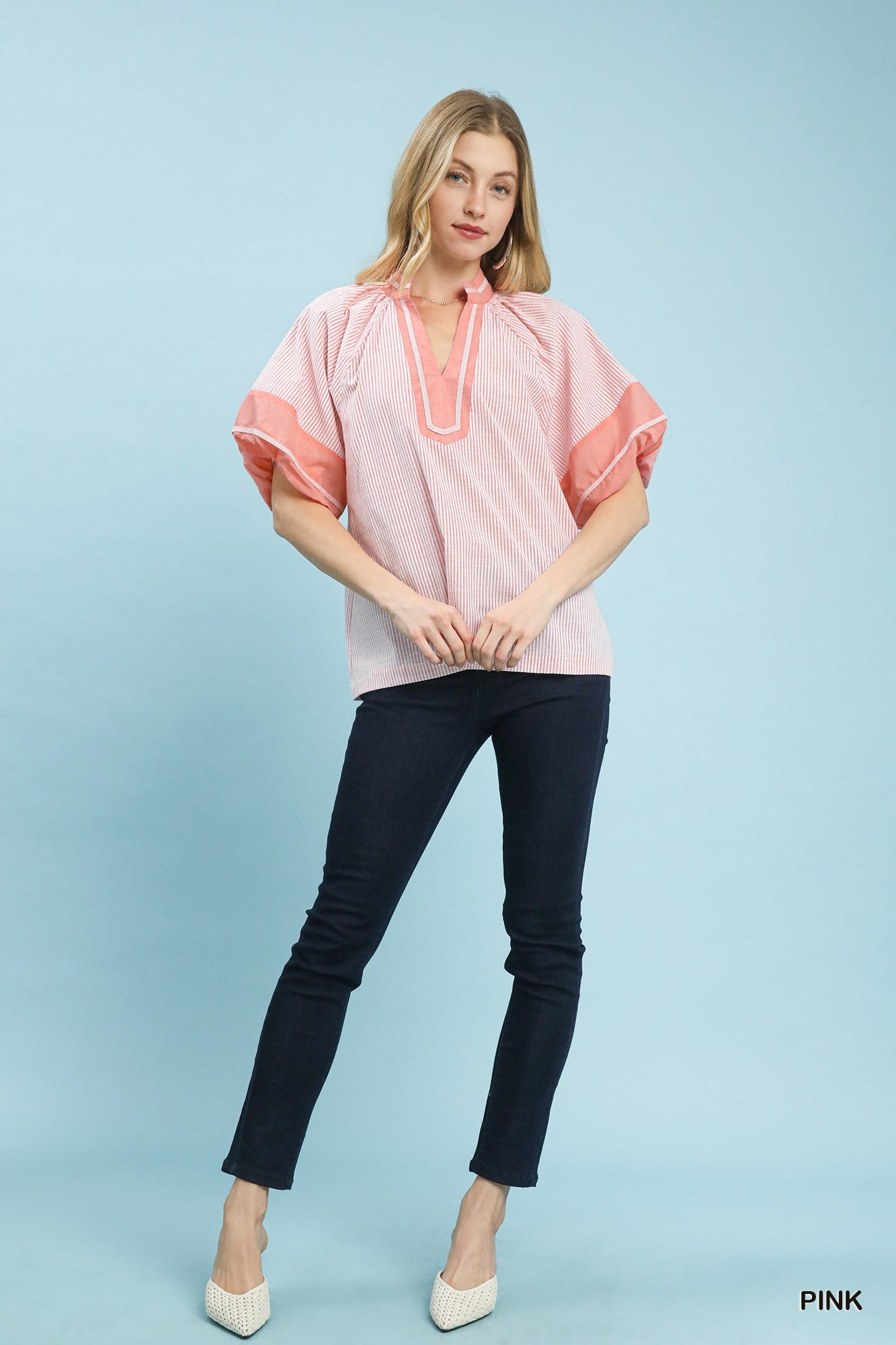 Selena Striped Mixed V Neck Top Pink
