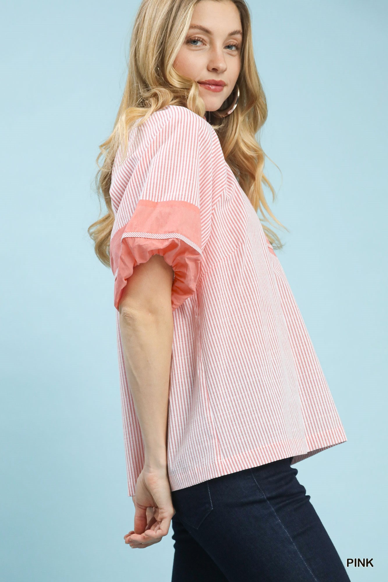 Selena Striped Mixed V Neck Top Pink