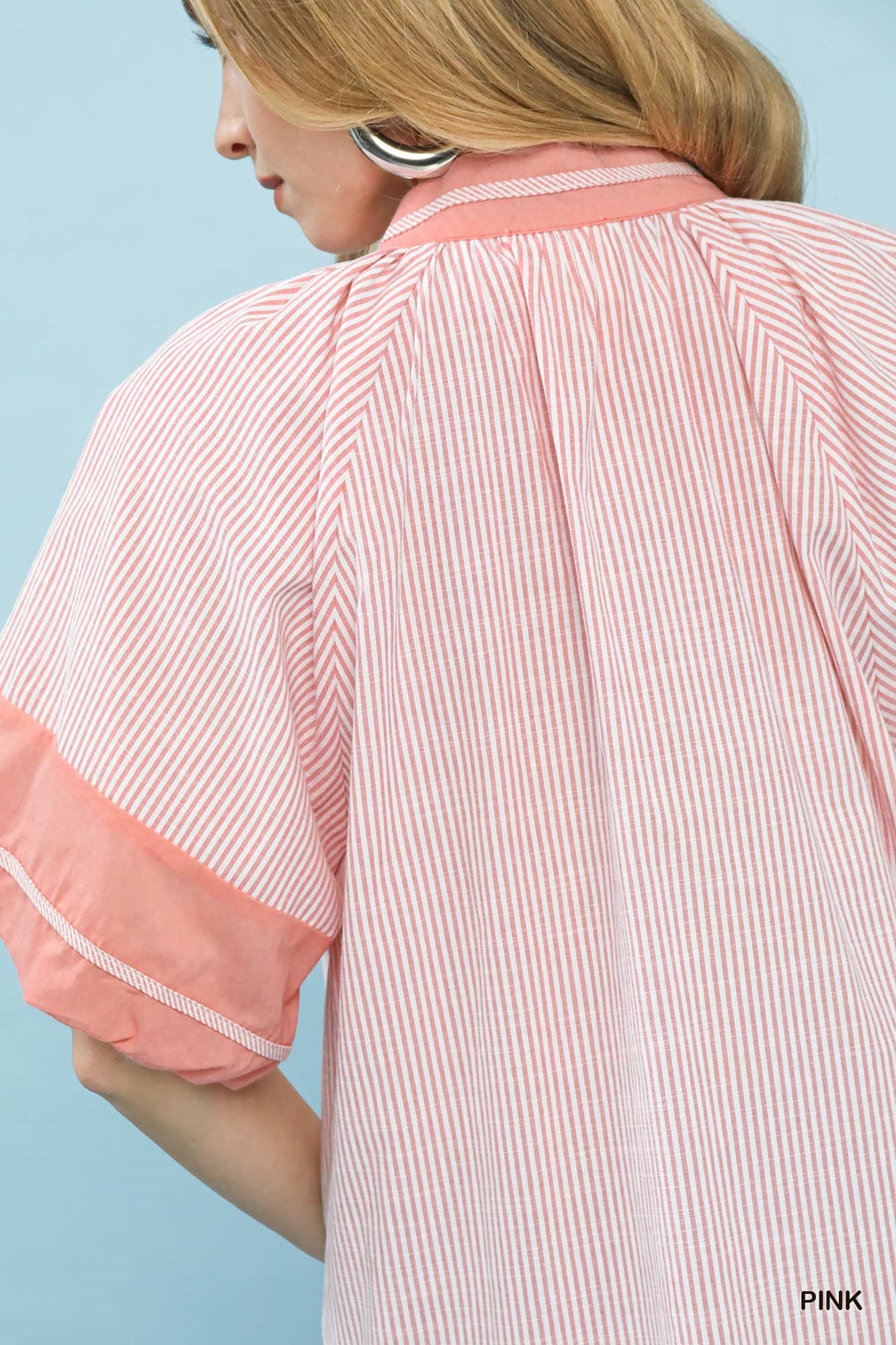 Selena Striped Mixed V Neck Top Pink