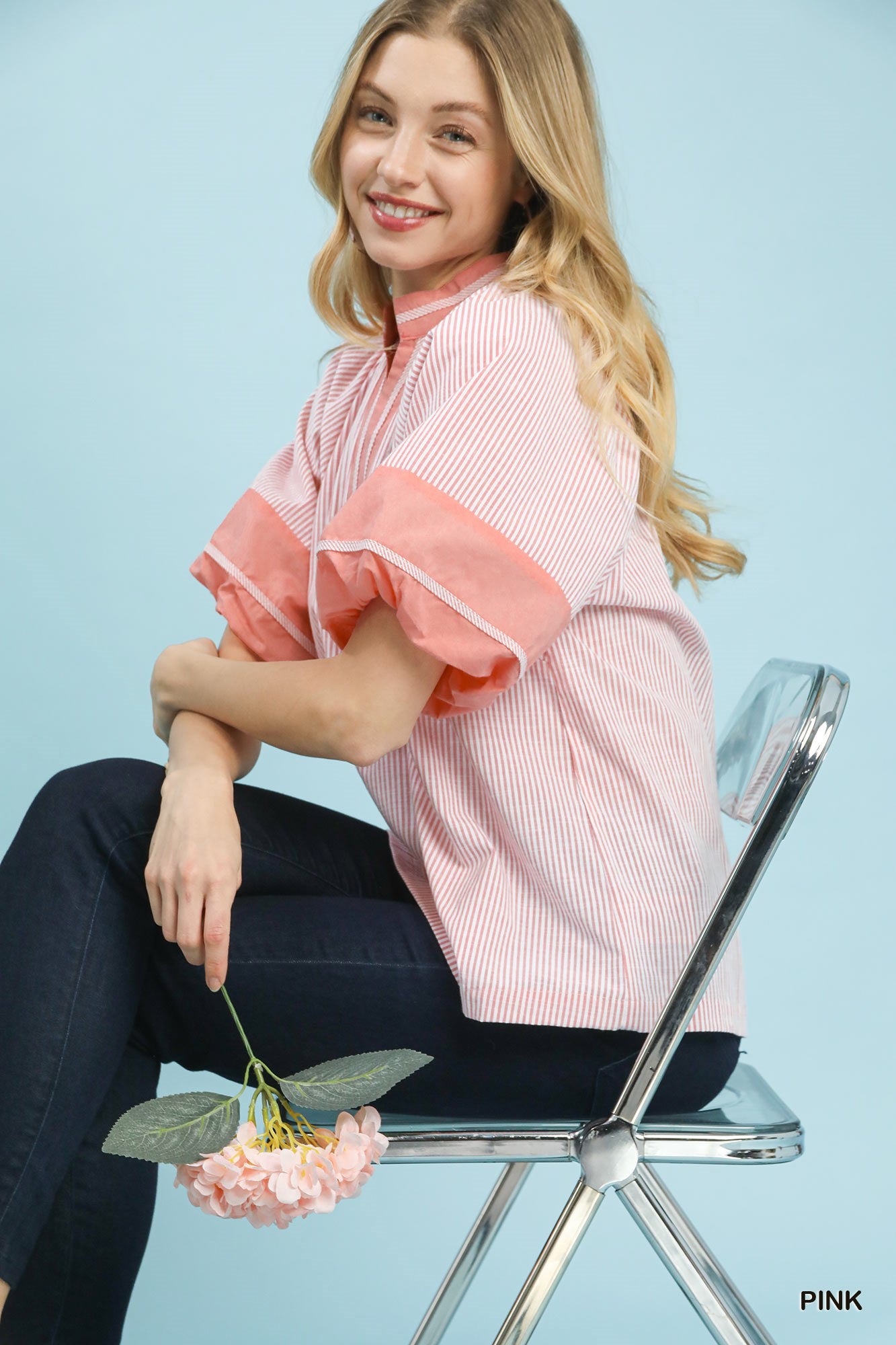 Selena Striped Mixed V Neck Top Pink