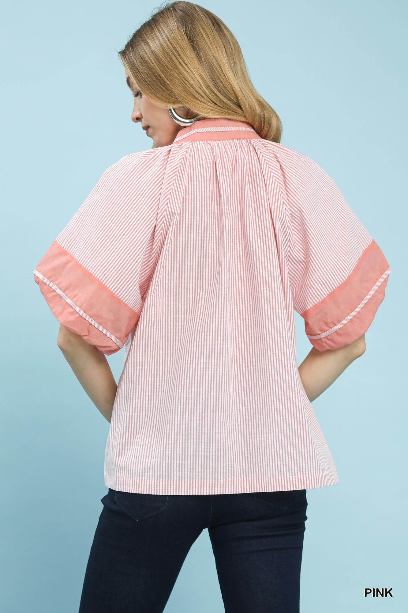 Selena Striped Mixed V Neck Top Pink