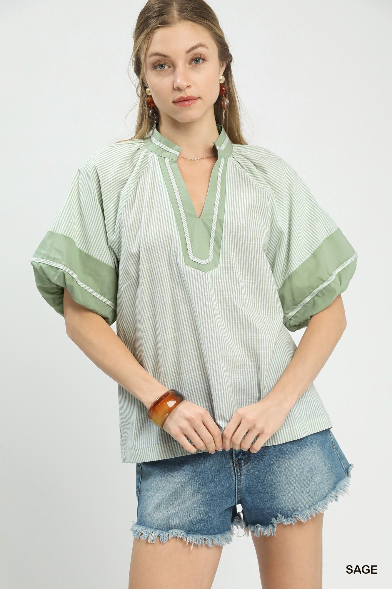 Selena Striped Mixed V Neck Top Sage