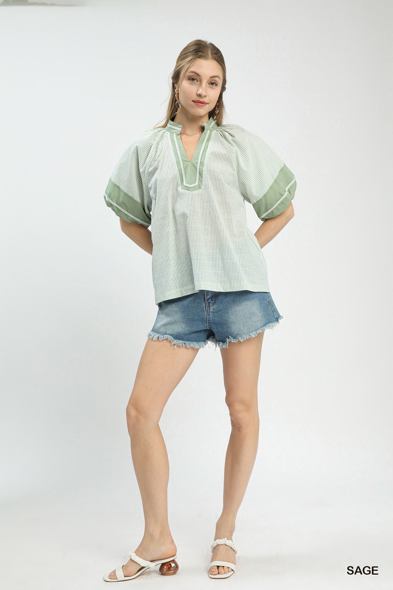 Selena Striped Mixed V Neck Top Sage