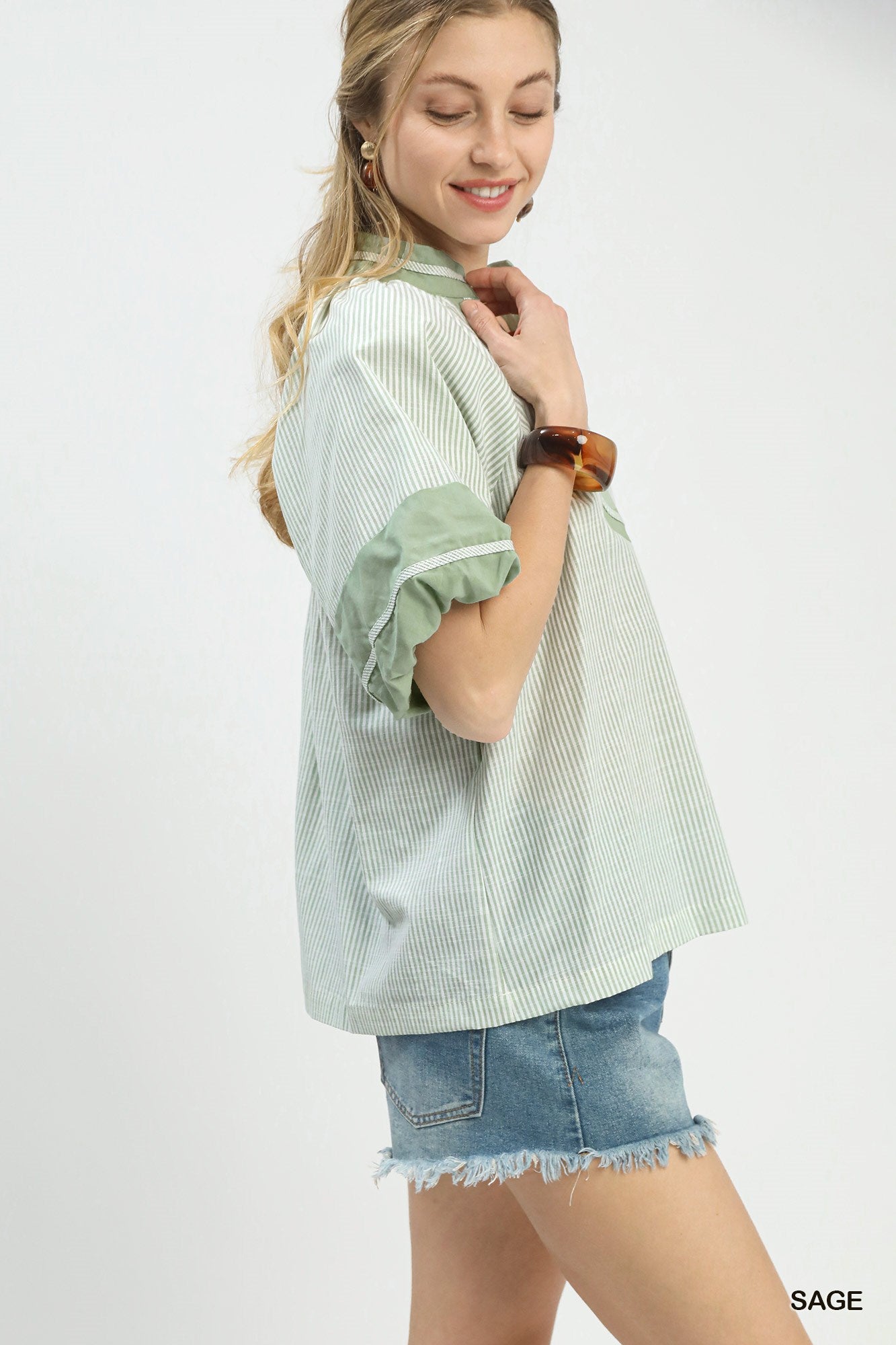 Selena Striped Mixed V Neck Top Sage