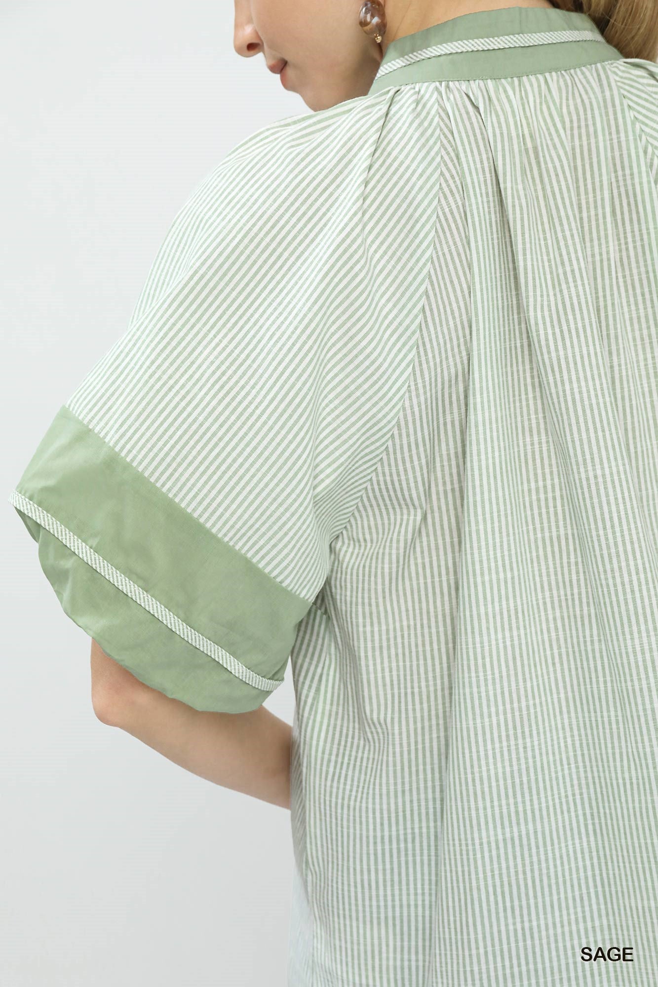 Selena Striped Mixed V Neck Top Sage