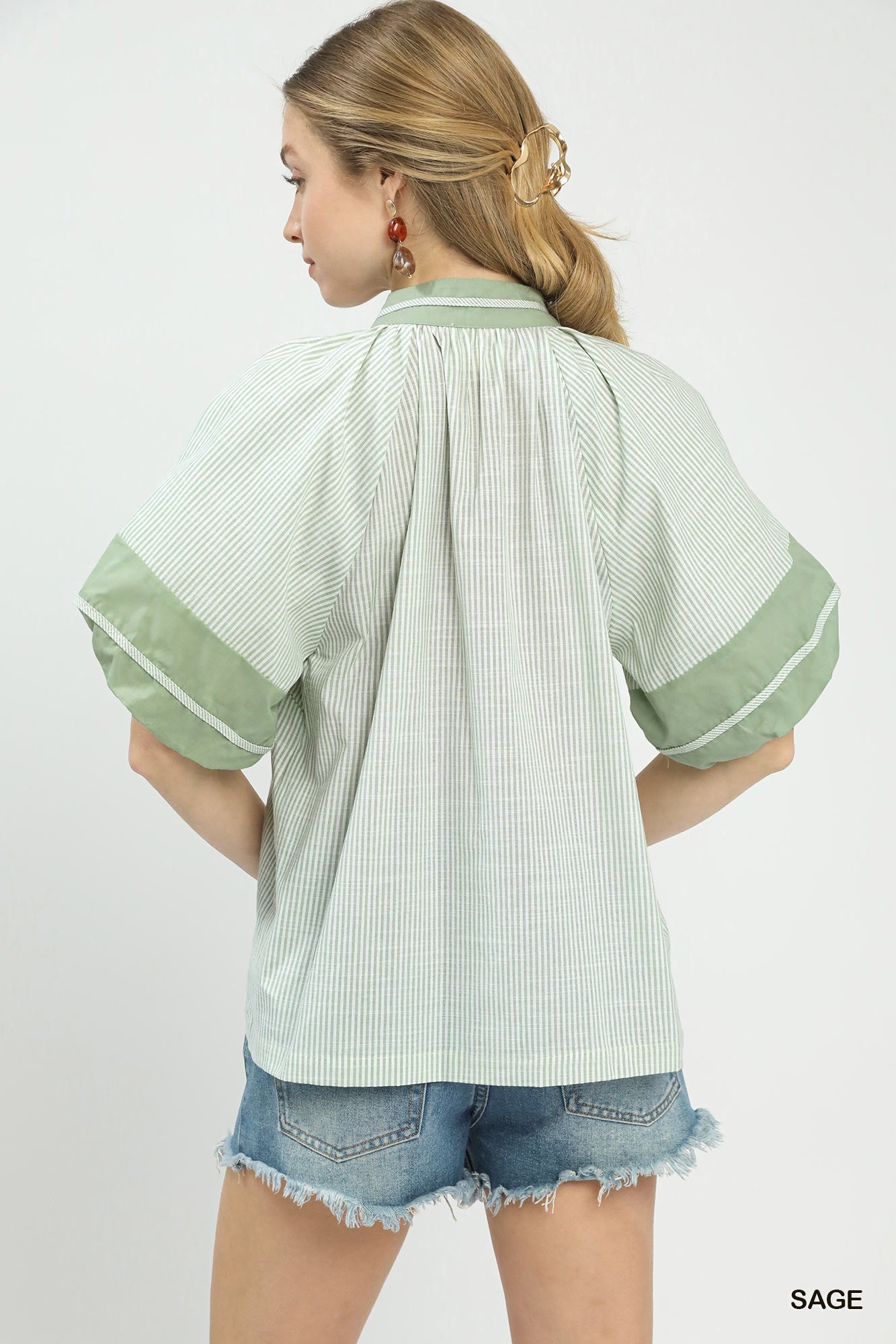 Selena Striped Mixed V Neck Top Sage