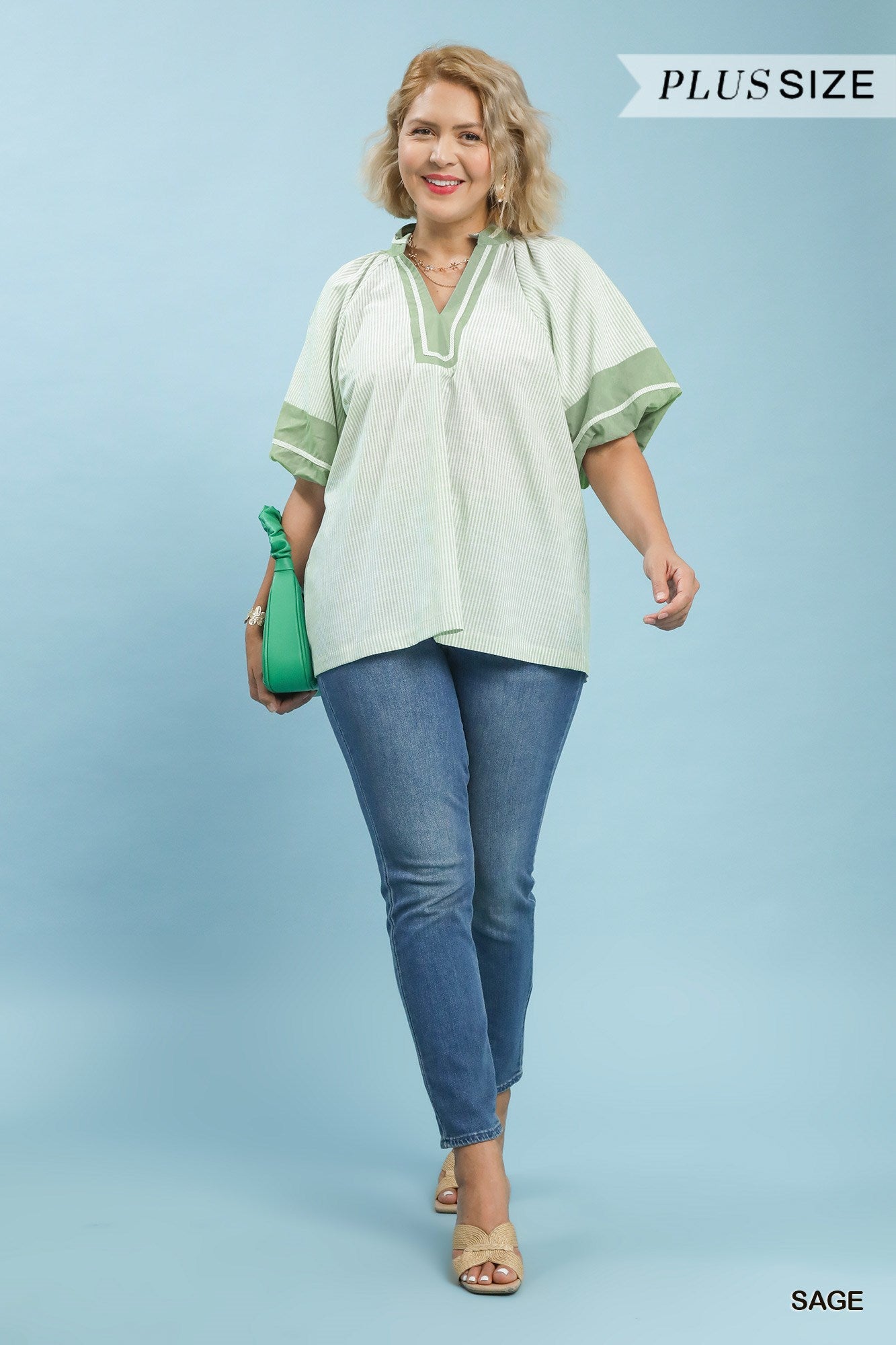Selena Striped Mixed V Neck Top Sage