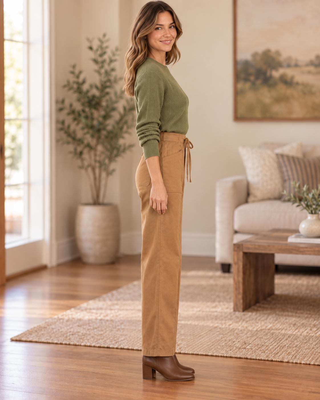 Riley Relax Fit Ribbon Seam Drawstring Pants Camel