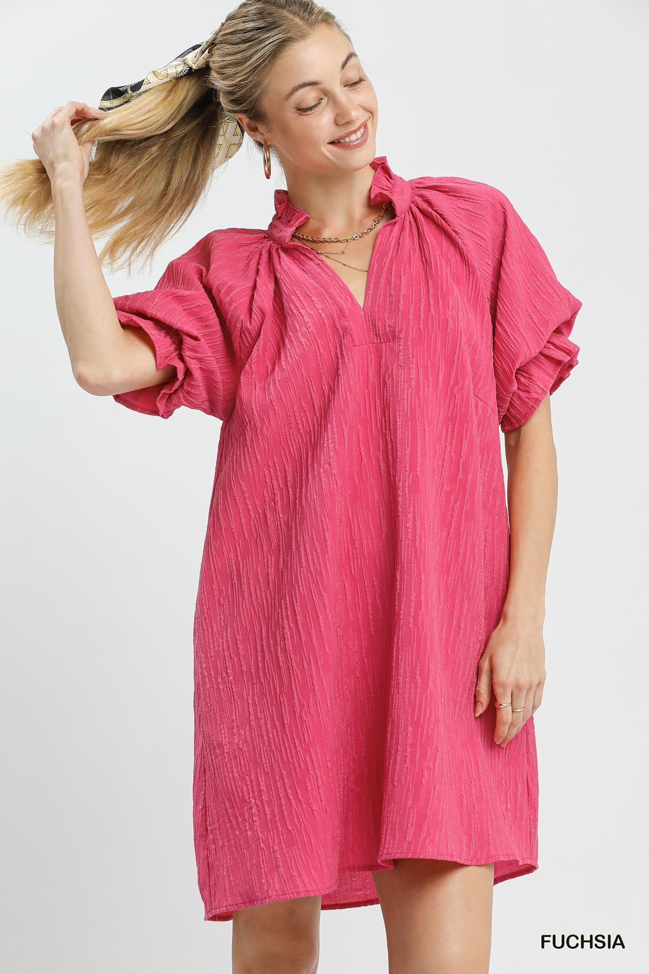 Tammy Textured Ruffle Sleeve Shift Dress Fuchsia