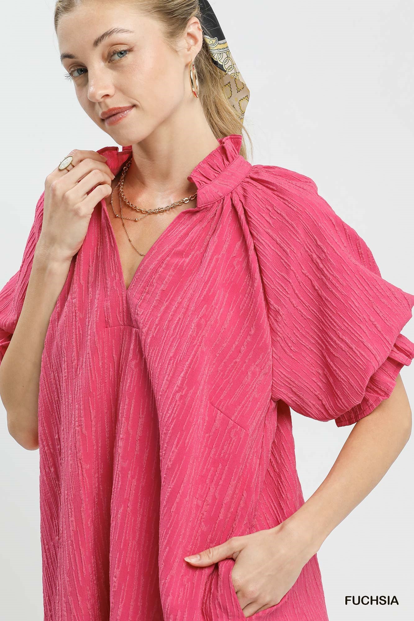 Tammy Textured Ruffle Sleeve Shift Dress Fuchsia