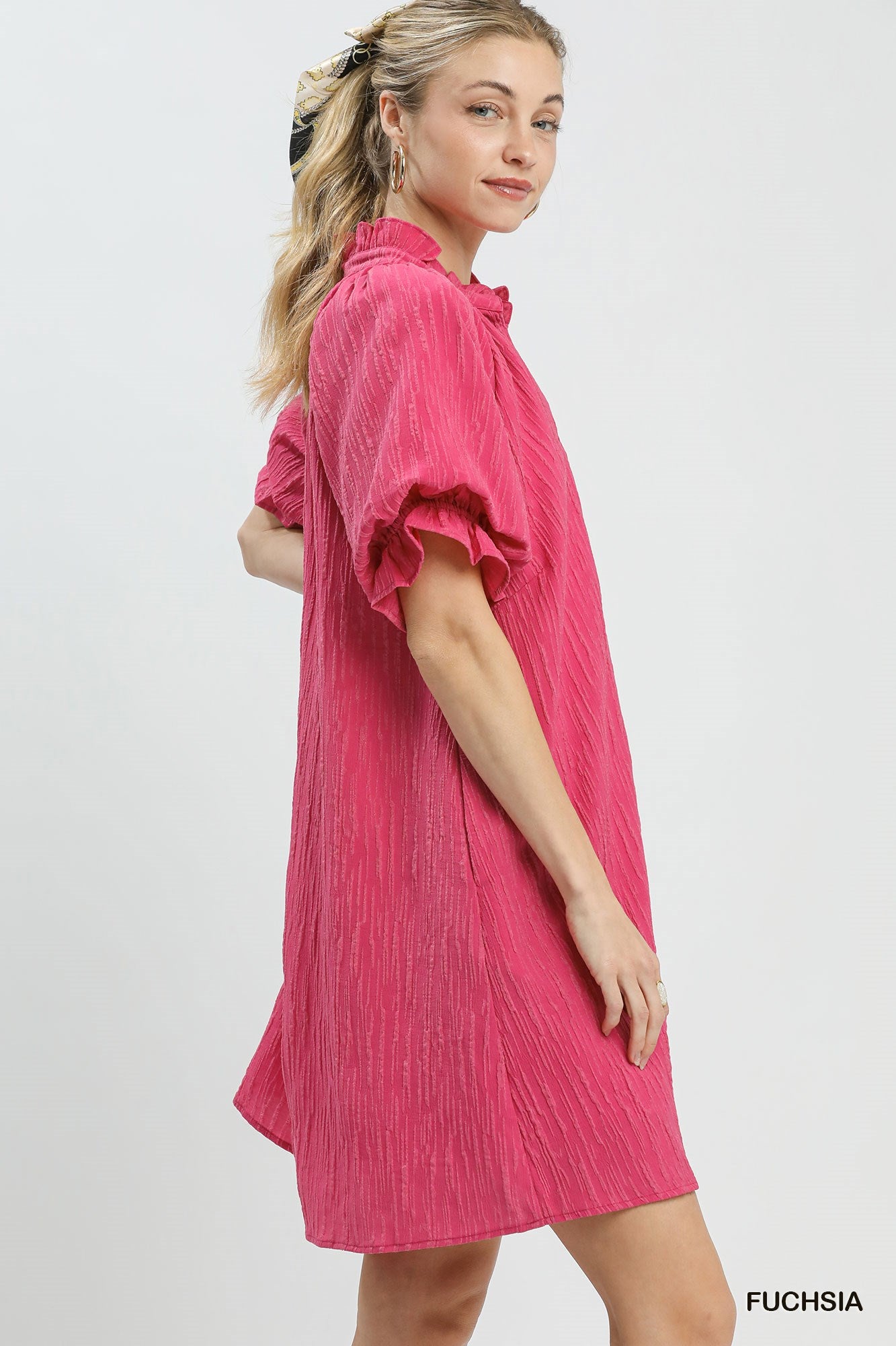 Tammy Textured Ruffle Sleeve Shift Dress Fuchsia