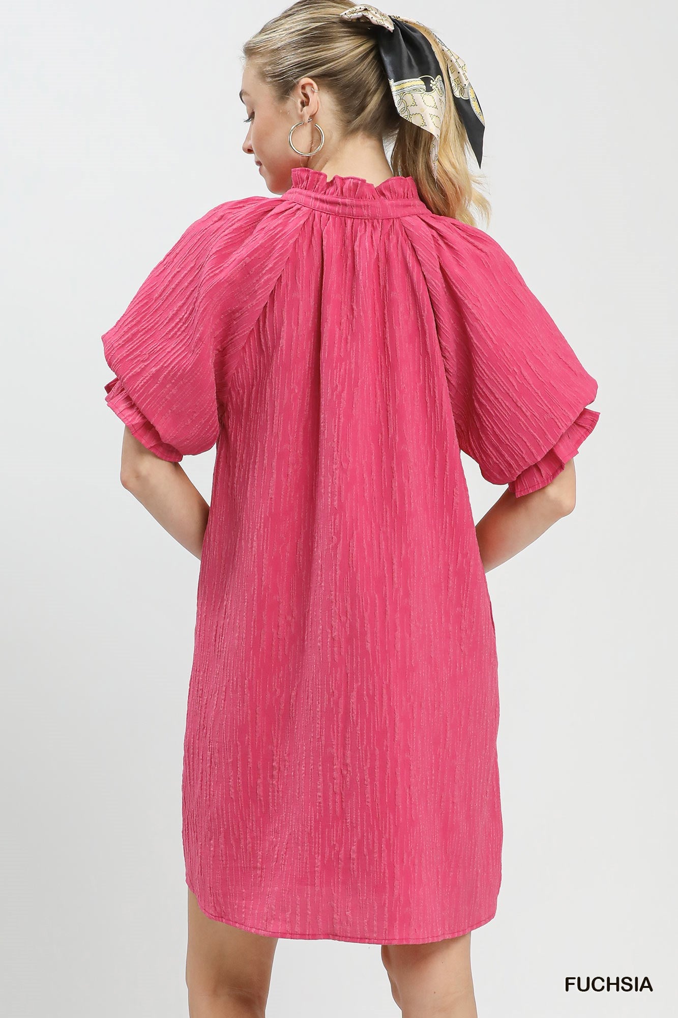 Tammy Textured Ruffle Sleeve Shift Dress Fuchsia