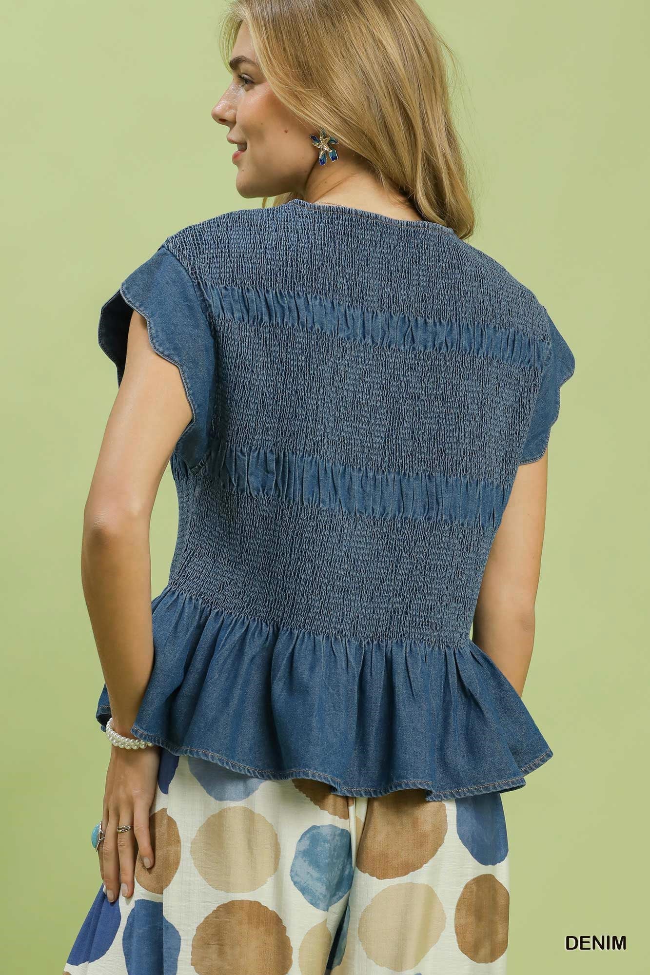 Chasidy Chambray Smocked Peplum Top Denim
