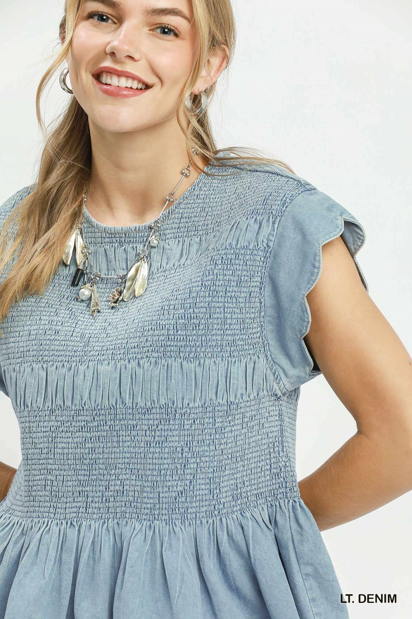 Chasidy Chambray Smocked Peplum Top Light Denim