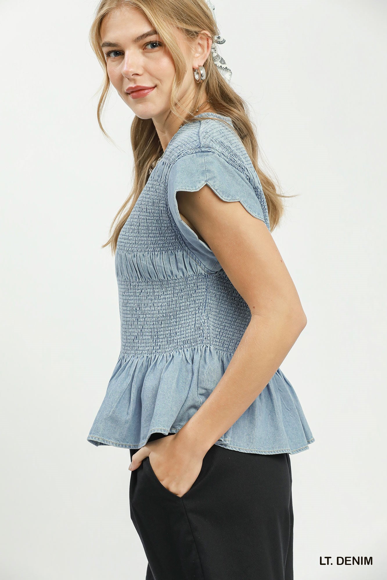 Chasidy Chambray Smocked Peplum Top Light Denim