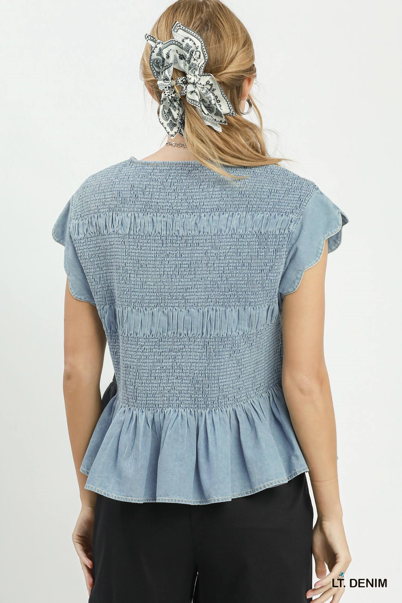 Chasidy Chambray Smocked Peplum Top Light Denim