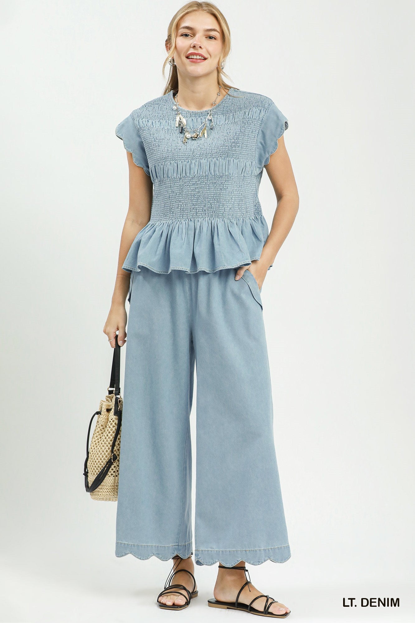 Chasidy Chambray Smocked Peplum Top Light Denim