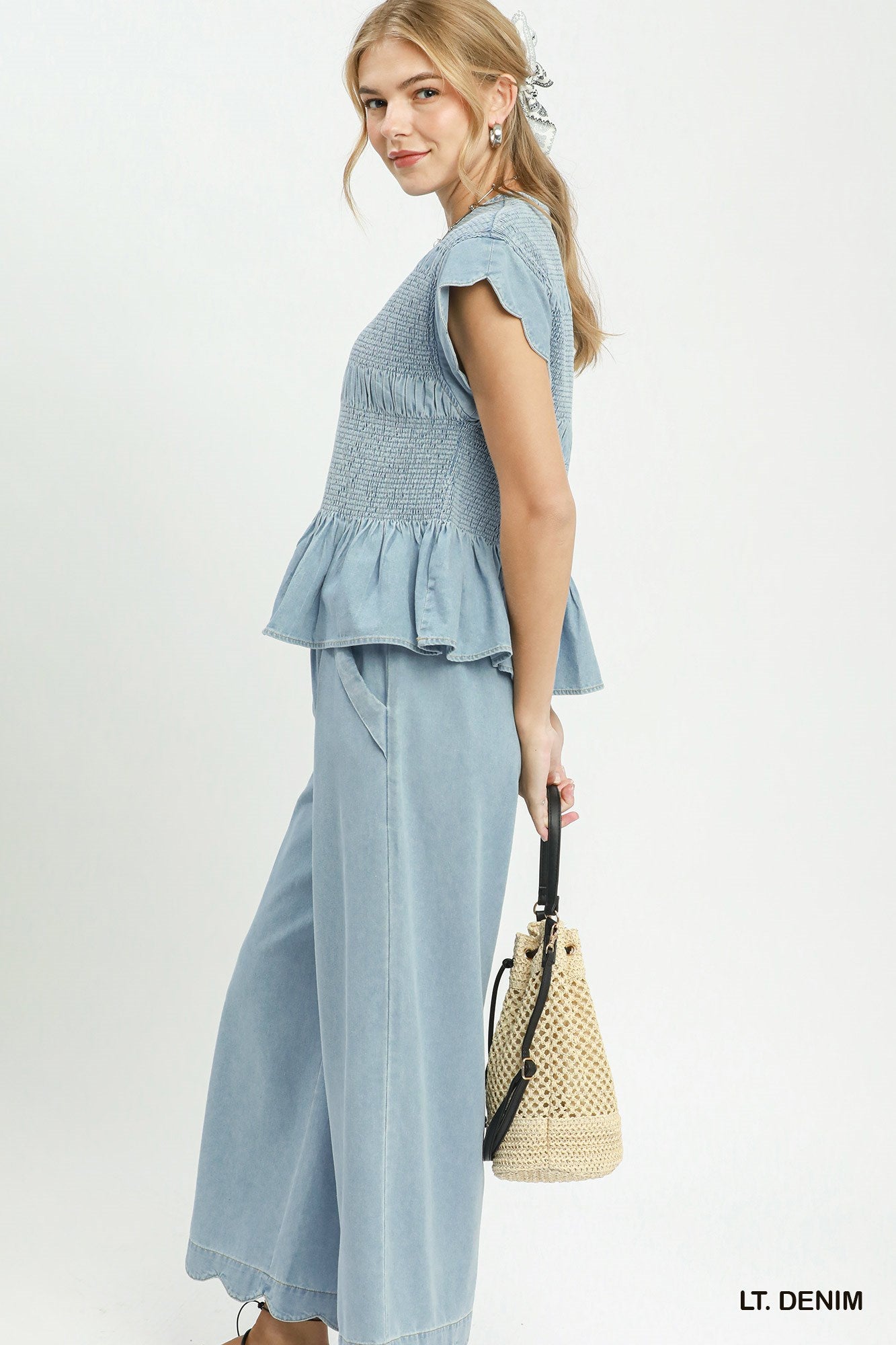 Chasidy Chambray Smocked Peplum Top Light Denim