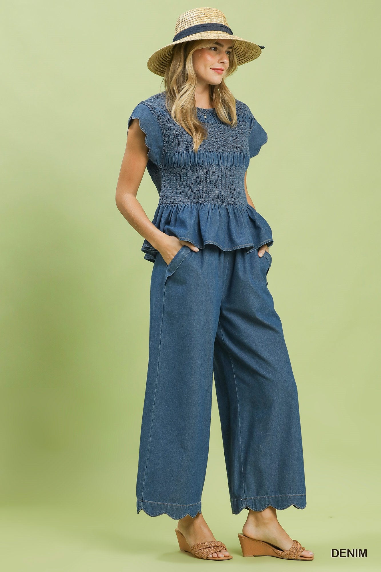 Chasidy Chambray Scalloped Hem Pants Denim