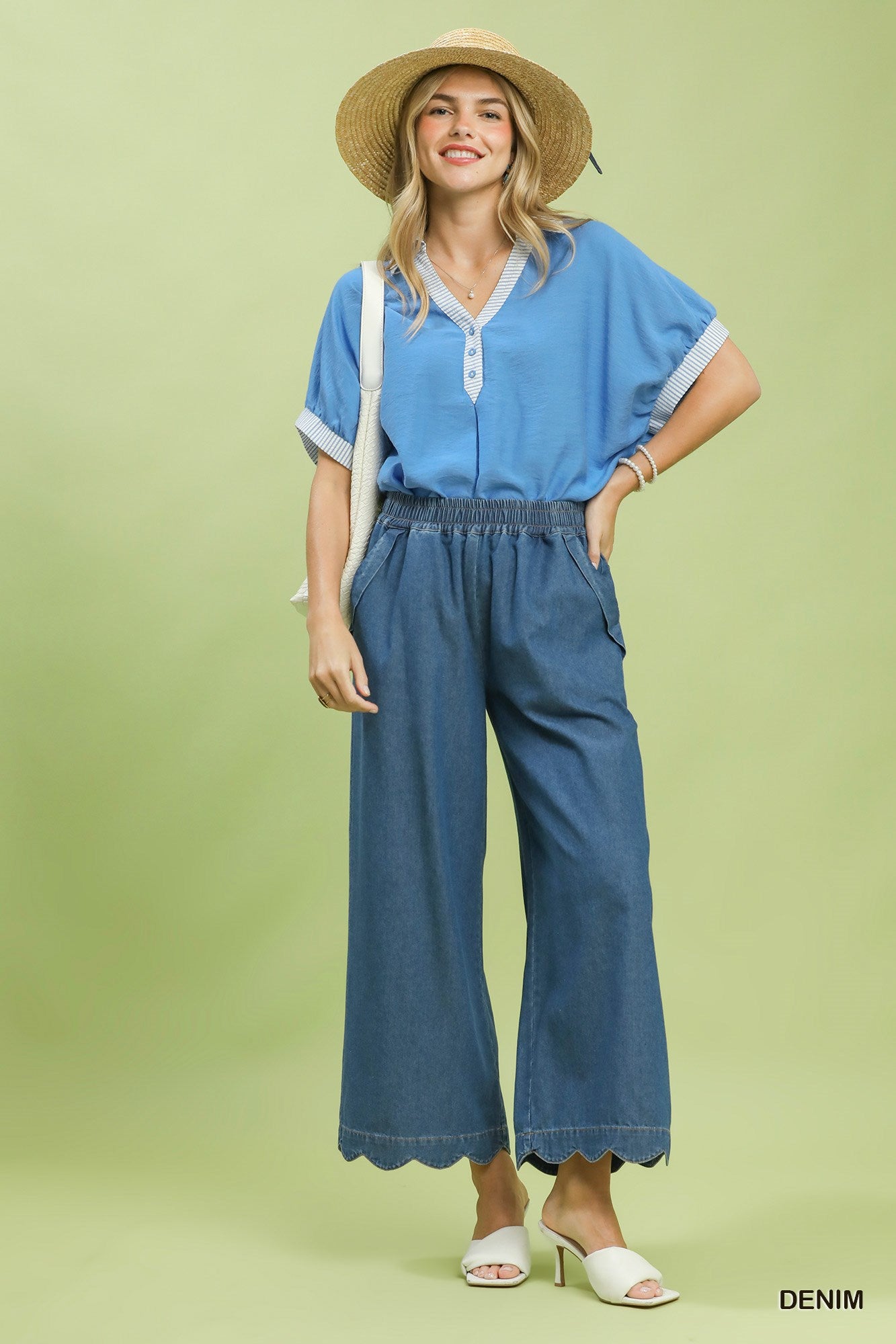 Chasidy Chambray Scalloped Hem Pants Denim