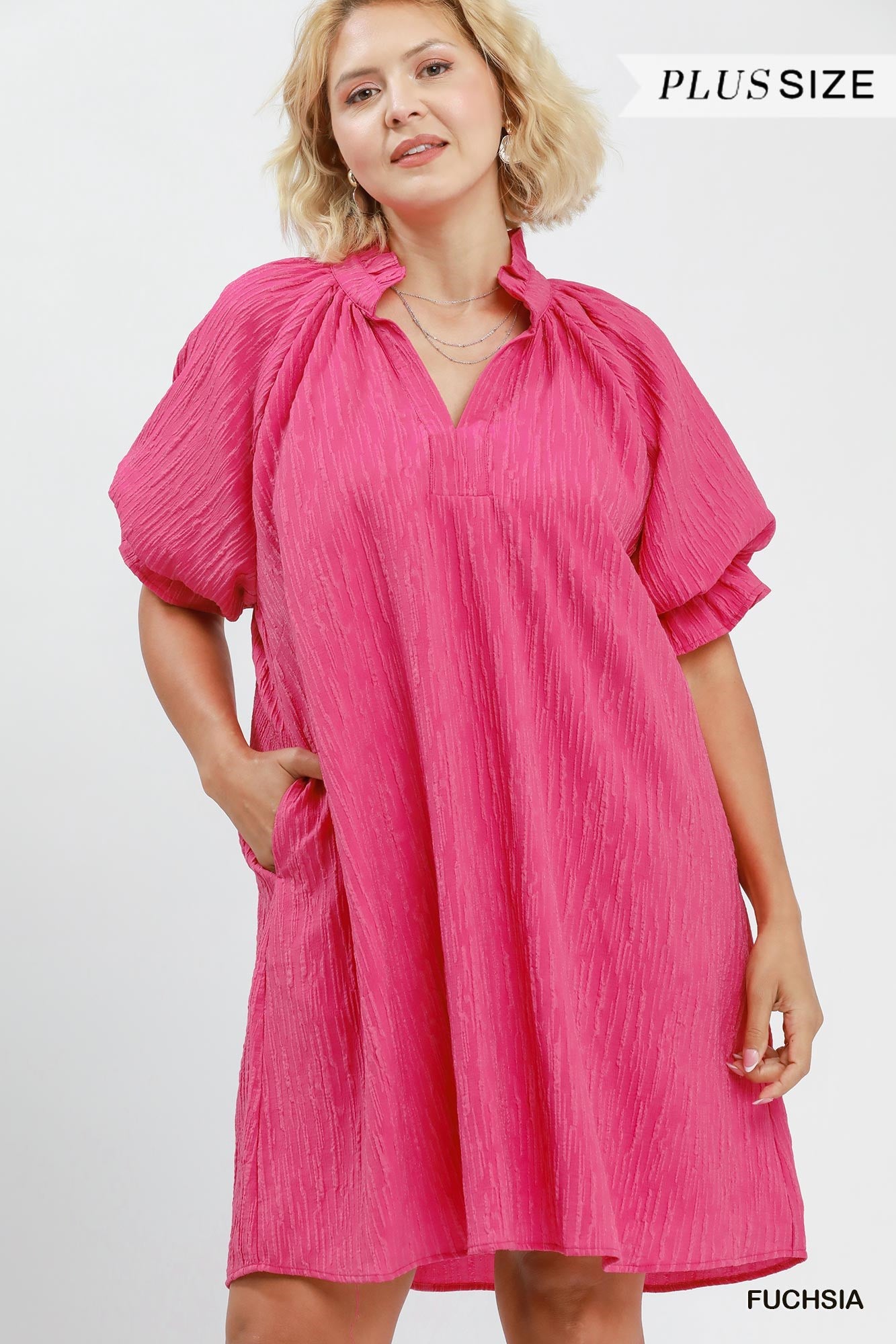 Tammy Textured Ruffle Sleeve Shift Dress Fuchsia