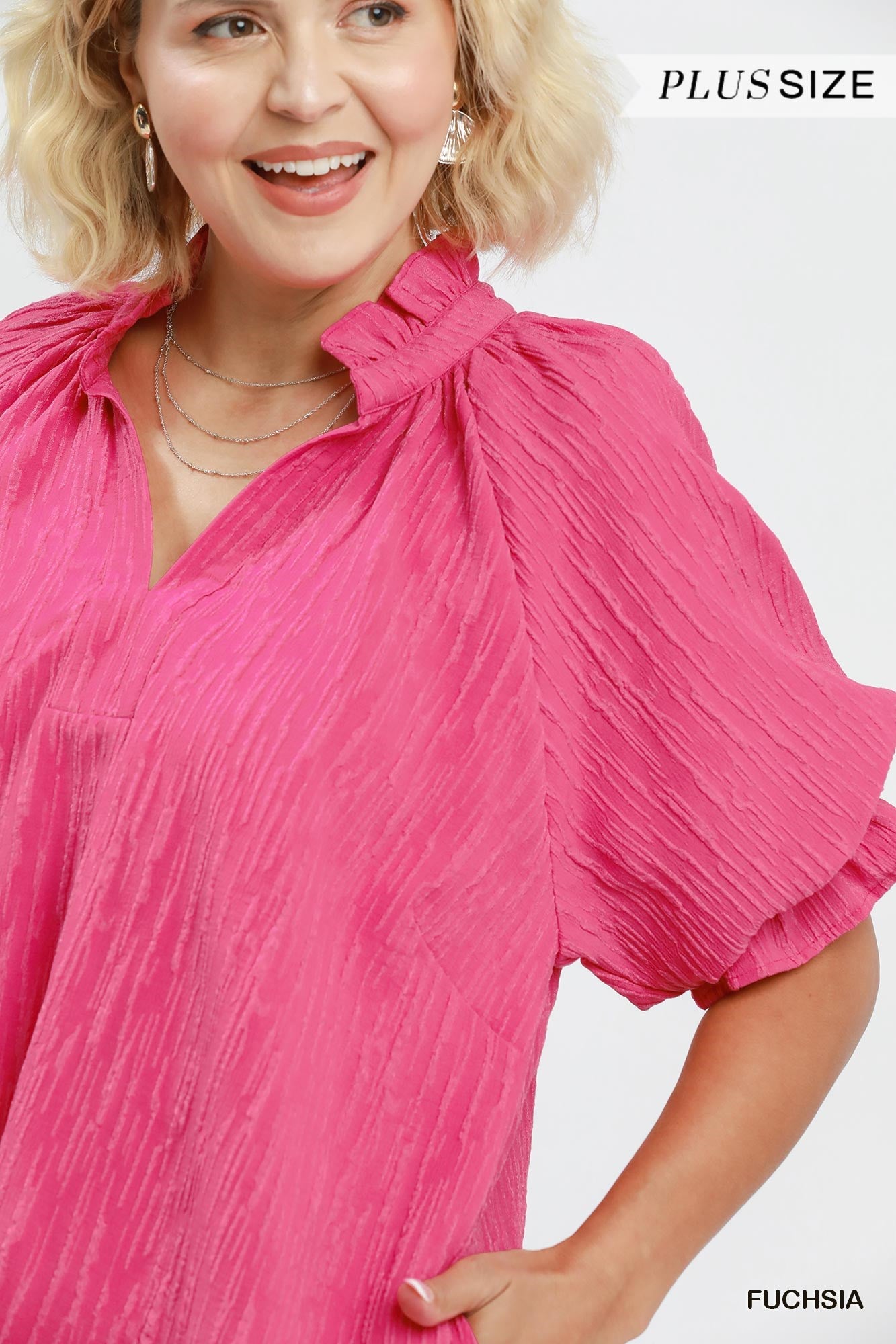 Tammy Textured Ruffle Sleeve Shift Dress Fuchsia