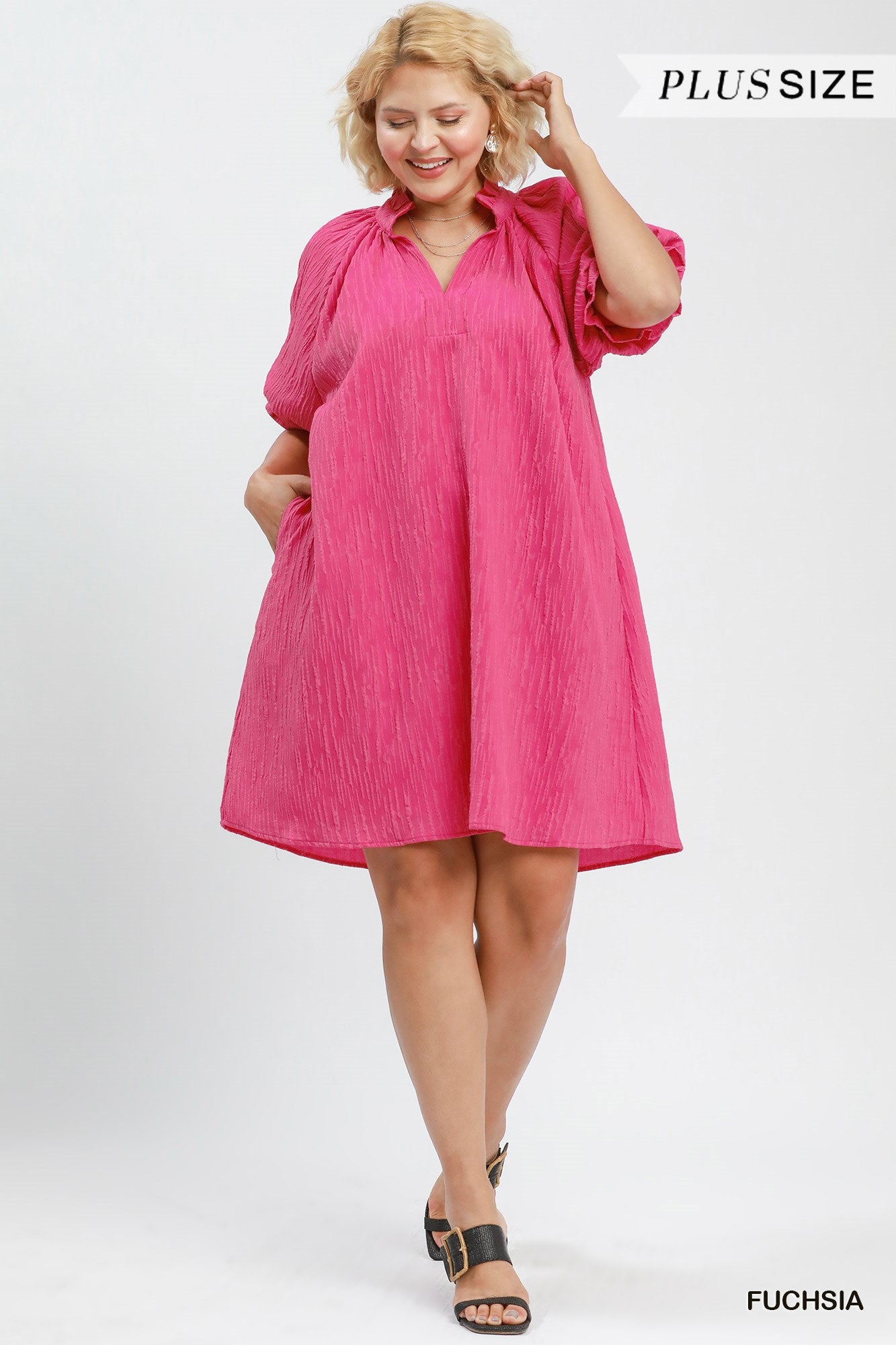 Tammy Textured Ruffle Sleeve Shift Dress Fuchsia