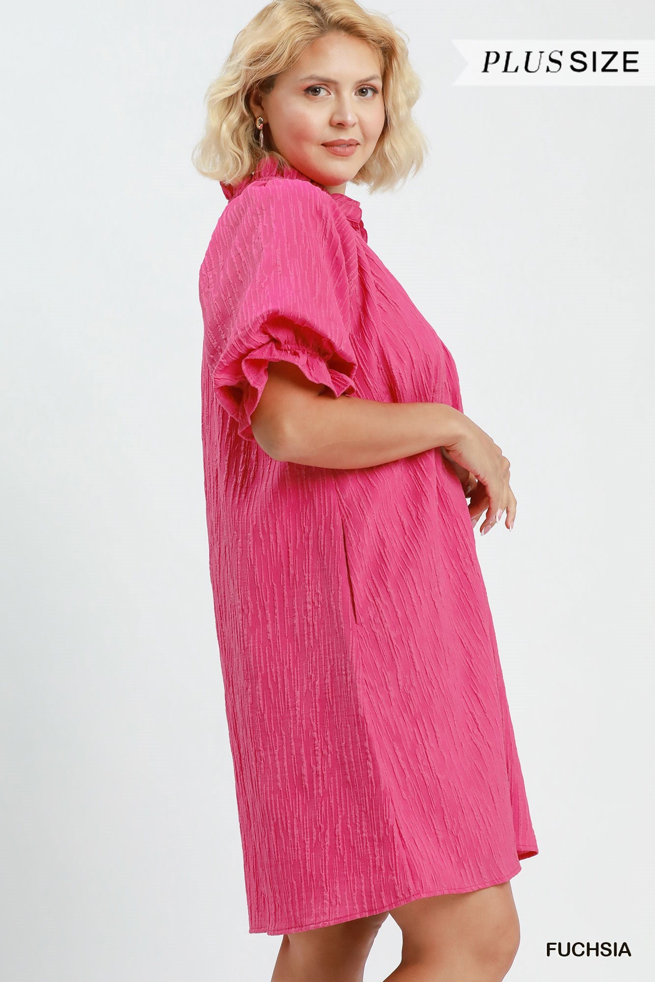 Tammy Textured Ruffle Sleeve Shift Dress Fuchsia