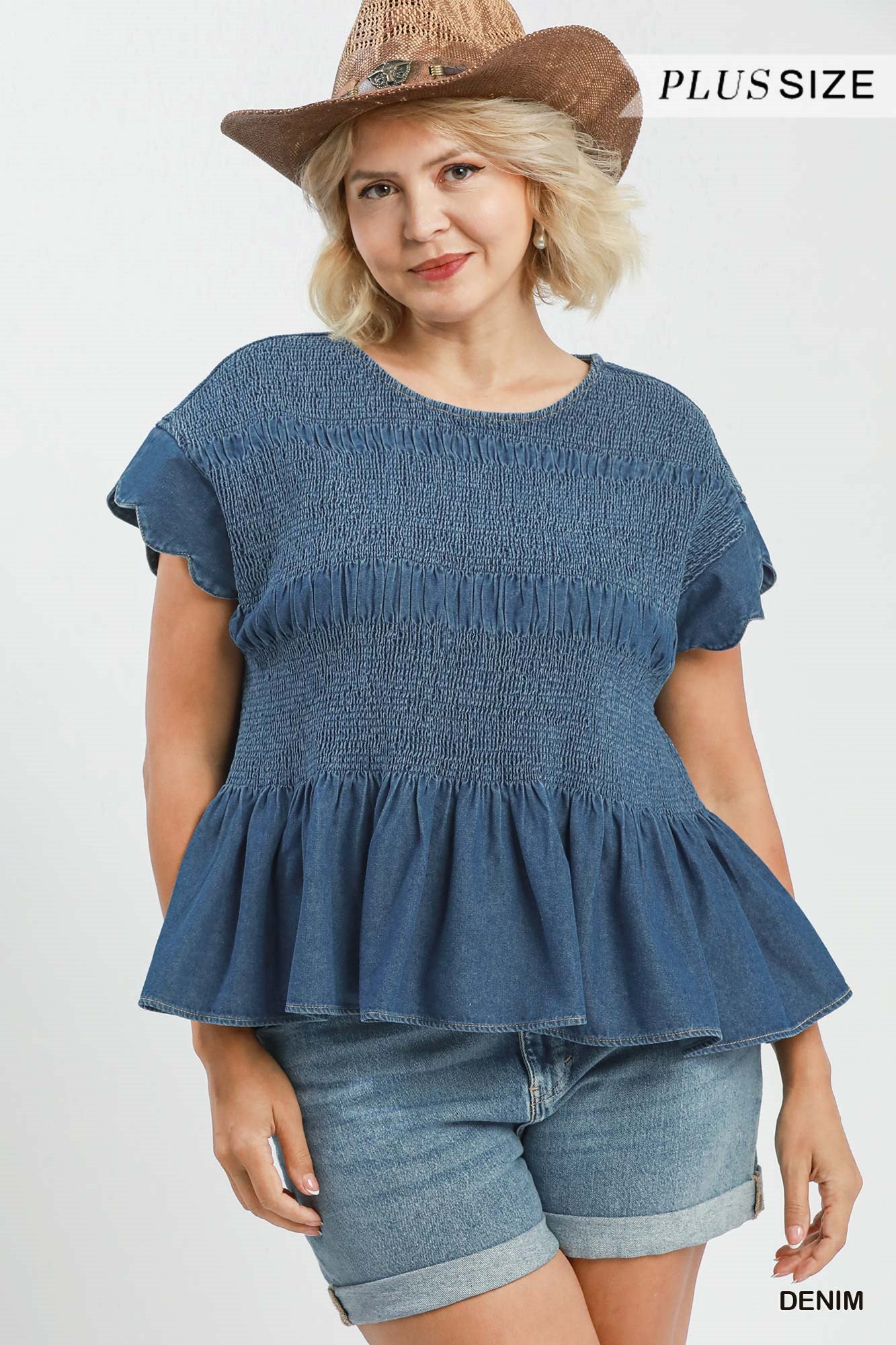 Chasidy Chambray Smocked Peplum Top Denim
