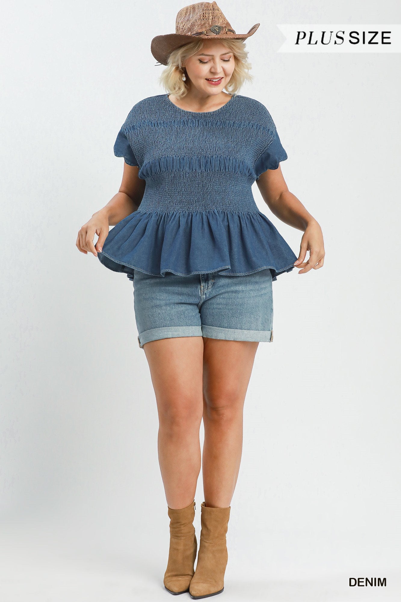 Chasidy Chambray Smocked Peplum Top Denim
