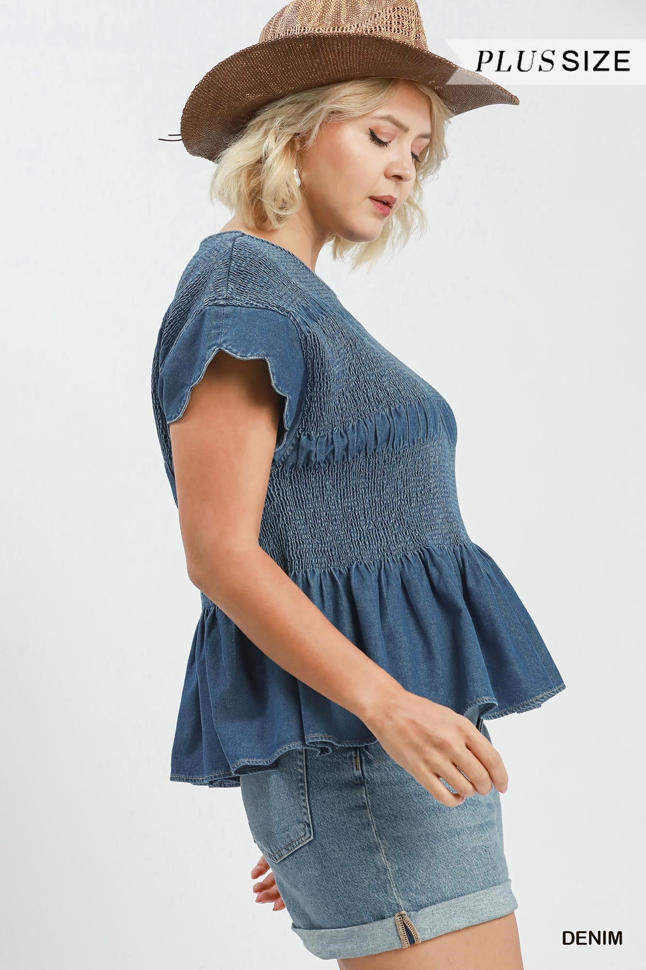 Chasidy Chambray Smocked Peplum Top Denim