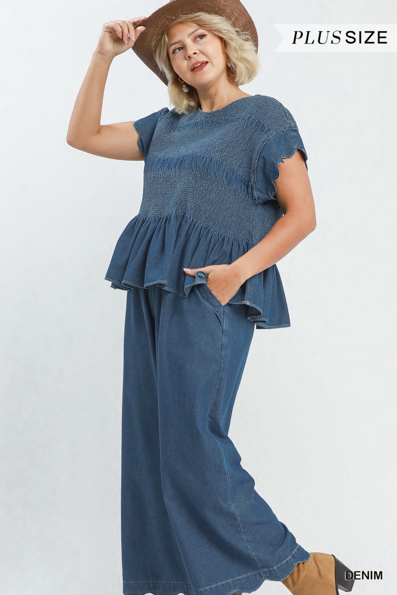 Chasidy Chambray Scalloped Hem Pants Denim