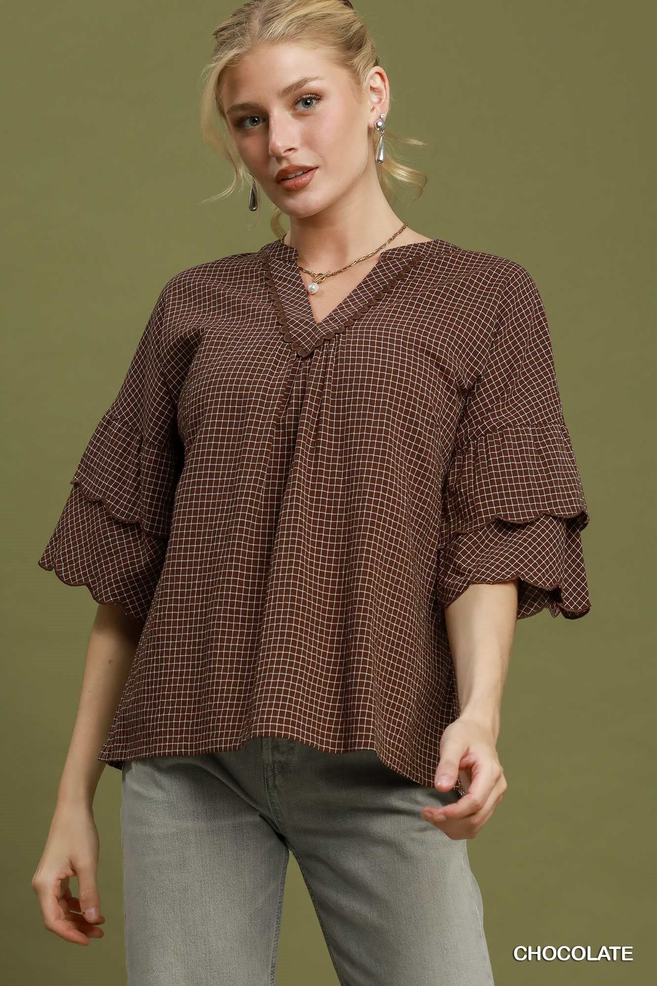 Candace Checkered Tiered Ruffled Sleeve Blouse Chocolate