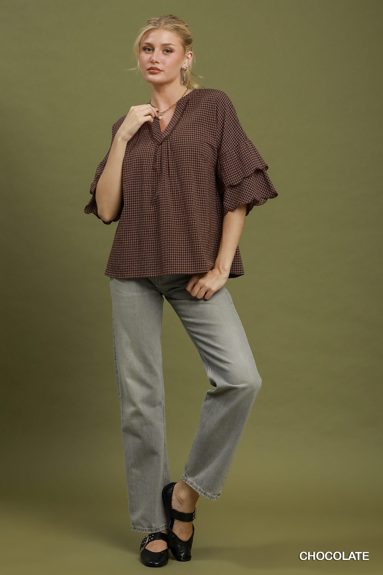 Candace Checkered Tiered Ruffled Sleeve Blouse Chocolate
