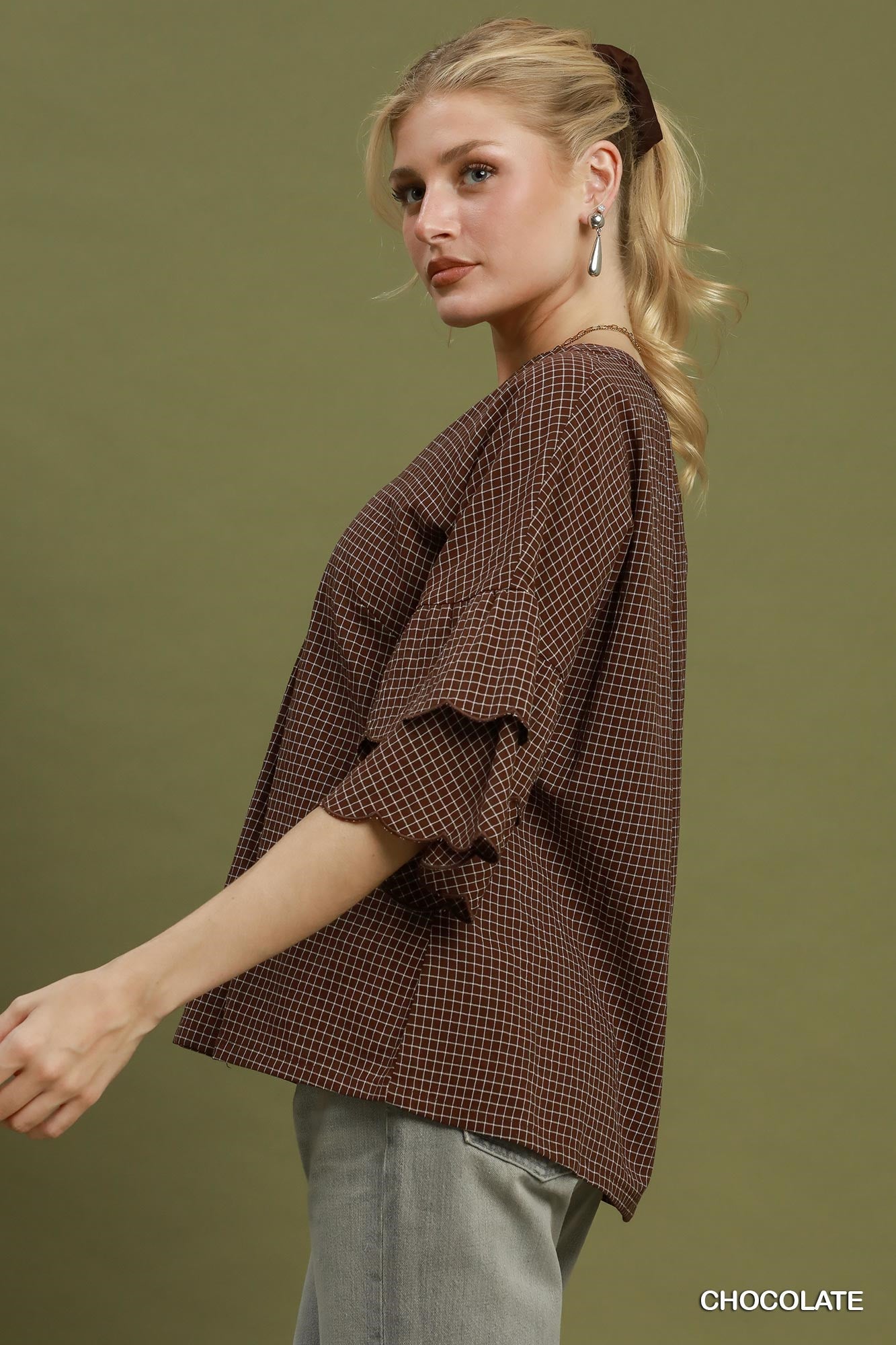 Candace Checkered Tiered Ruffled Sleeve Blouse Chocolate