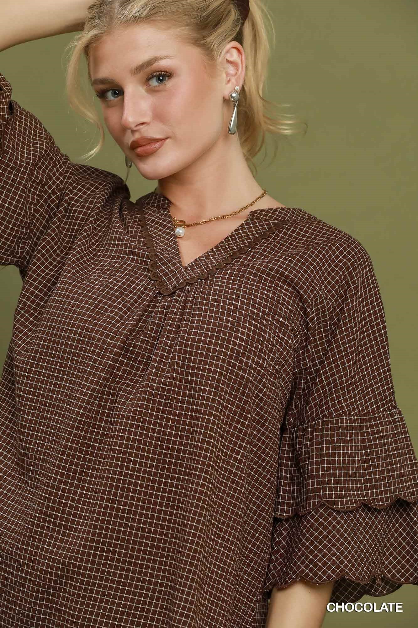 Candace Checkered Tiered Ruffled Sleeve Blouse Chocolate